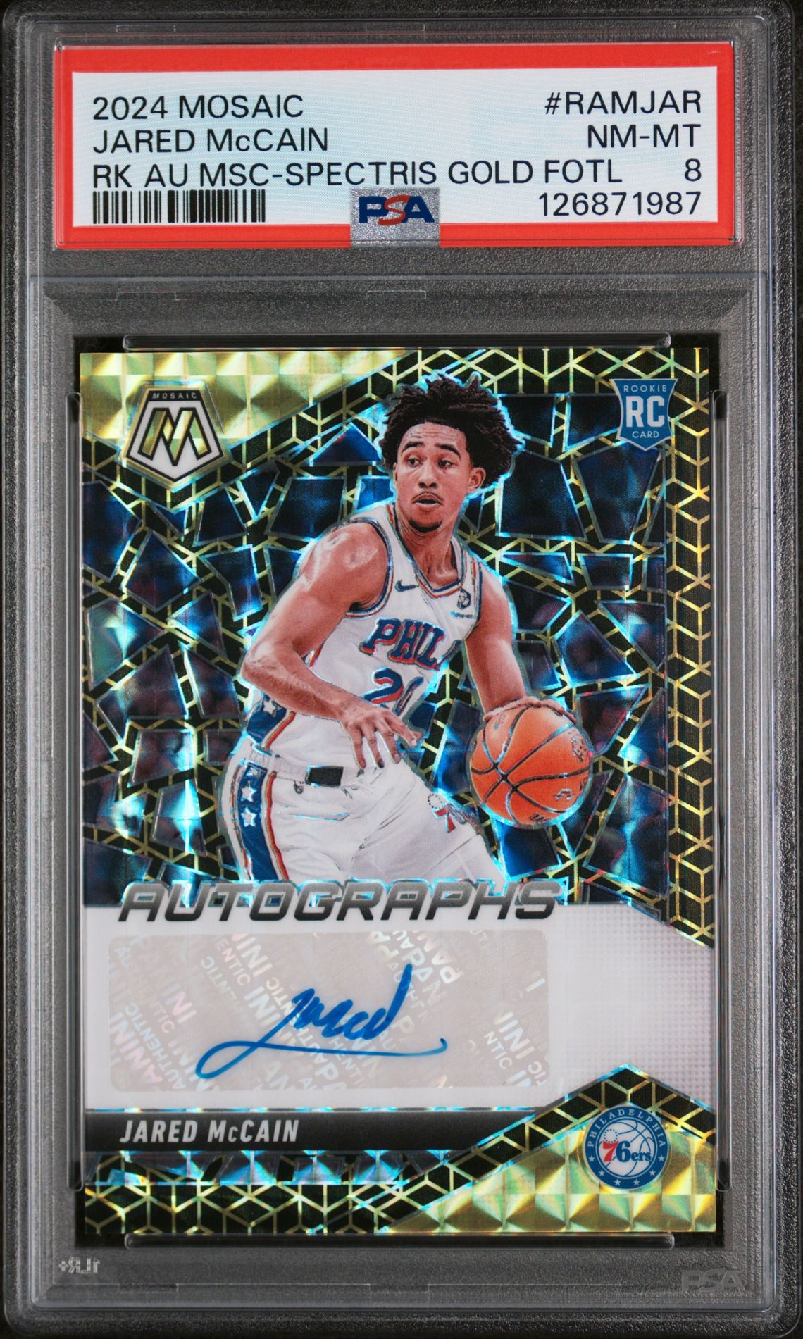 2024 Panini PANINI MOSAIC ROOKIE AUTOGRAPHS MOSAIC RK AU MSC-SPECTRIS GOLD FOTL #RAMJAR Jared Mccain front