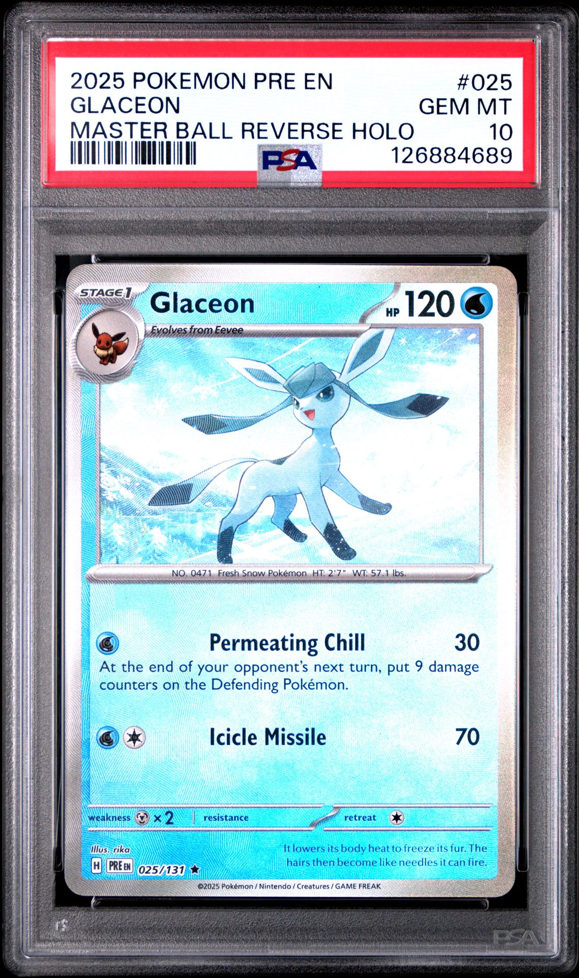 2025 Pokemon Pre En-Prismatic Evolutions Glaceon #025 (Master Ball Reverse Holo) Gem Mt 10 front
