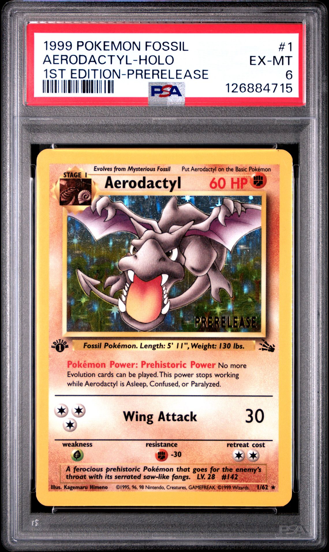 1999 Pokemon Fossil Aerodactyl-Holo #1 (1St Edition-Prerelease) Ex-Mt 6 front