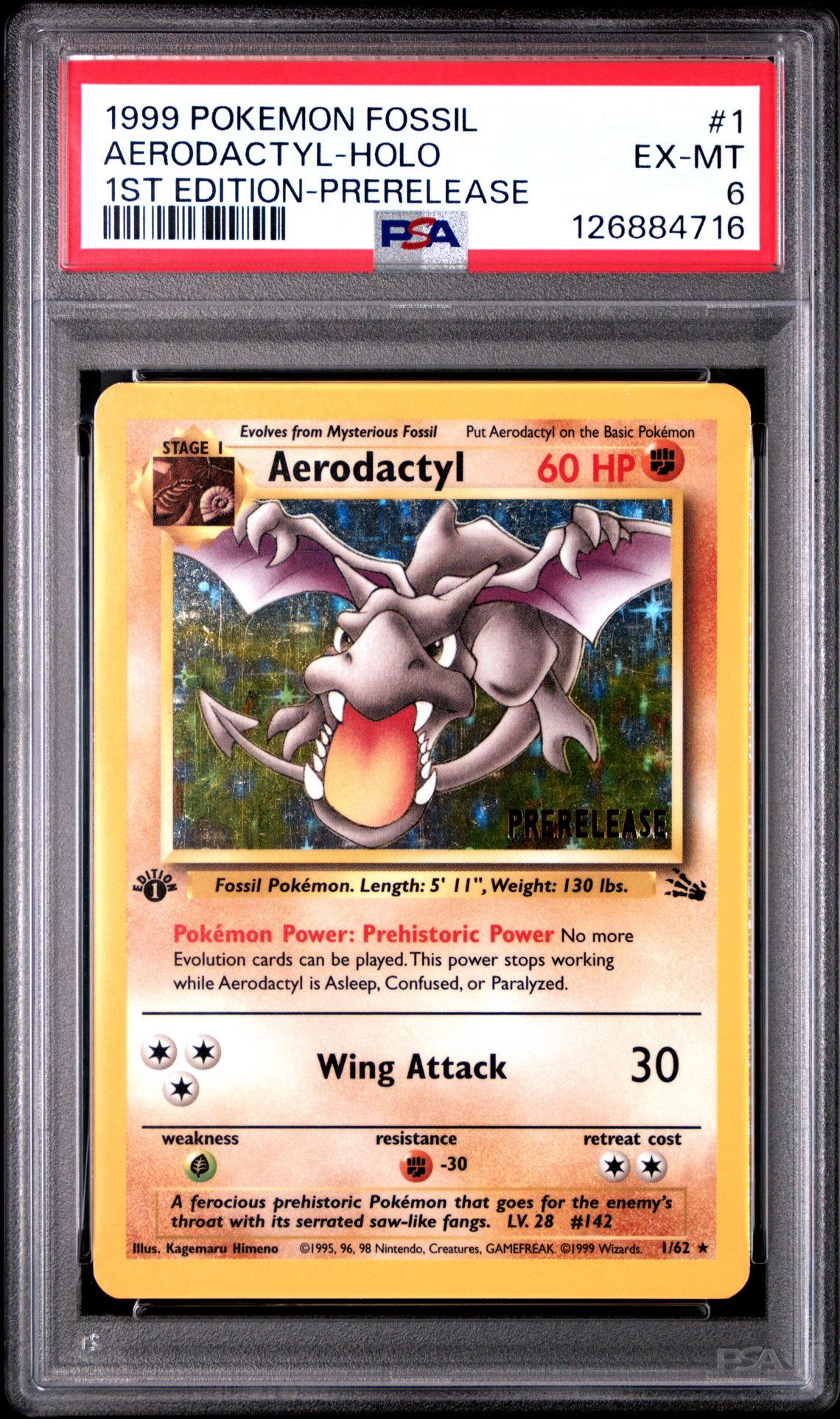 1999 Pokemon Fossil Aerodactyl-Holo #1 (1St Edition-Prerelease) Ex-Mt 6 front
