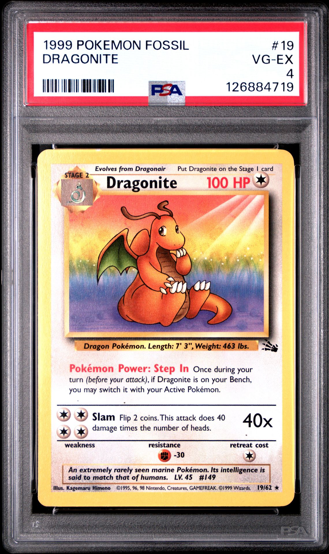 1999 Pokemon Fossil Dragonite #19 Vg-Ex 4 front