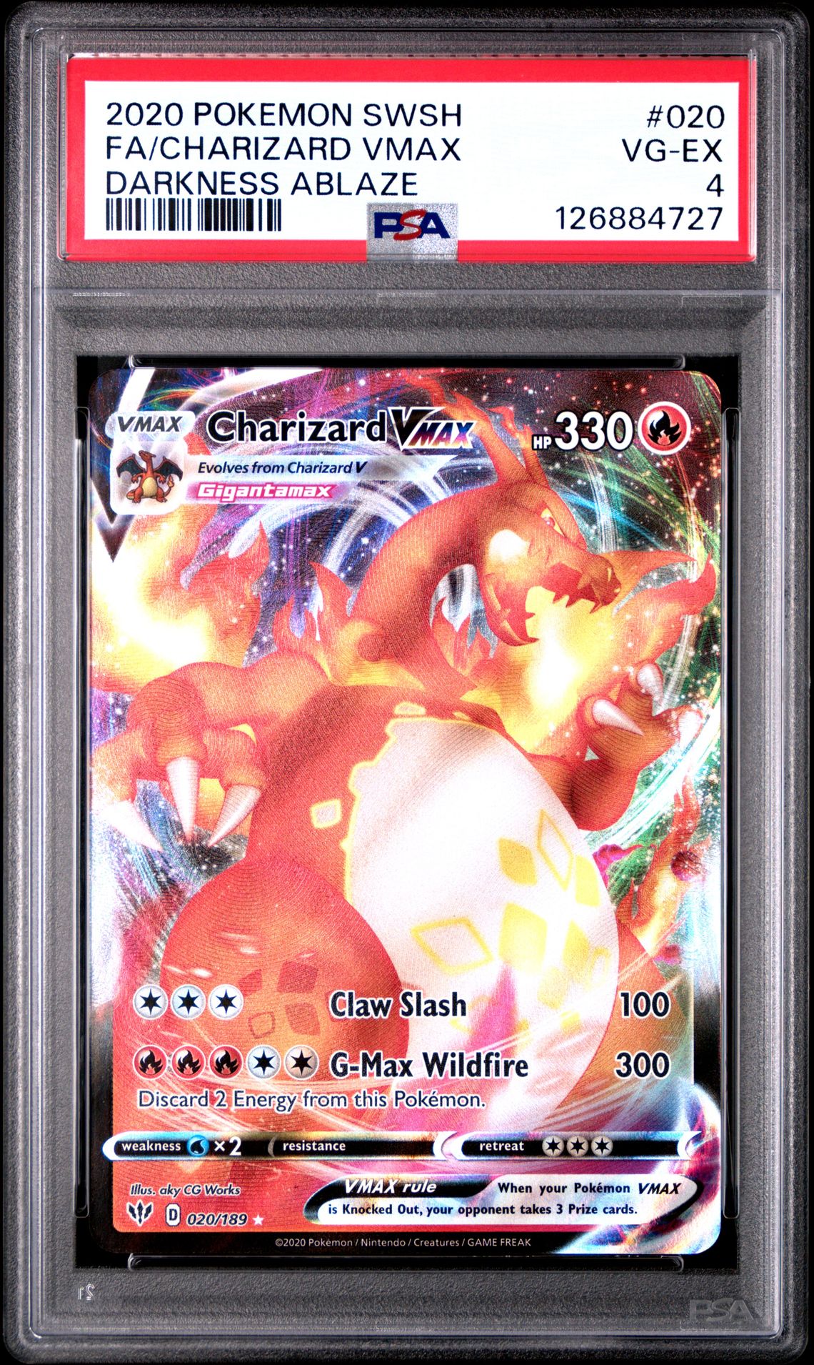 2020 Pokemon Sword & Shield Darkness Ablaze Fa/Charizard Vmax #020 (Darkness Ablaze) Vg-Ex 4 front