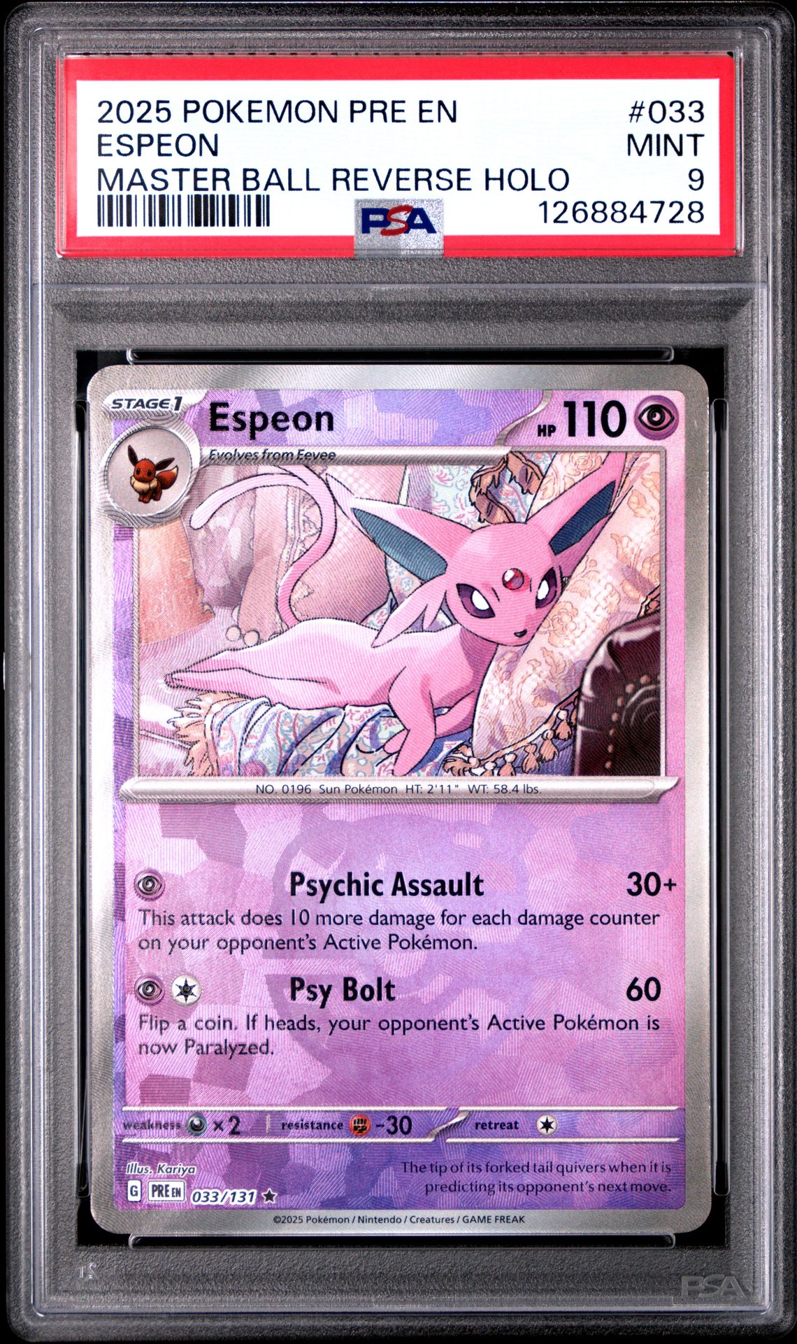 2025 Pokemon Pre En-Prismatic Evolutions Espeon #033 (Master Ball Reverse Holo) Mint 9 front