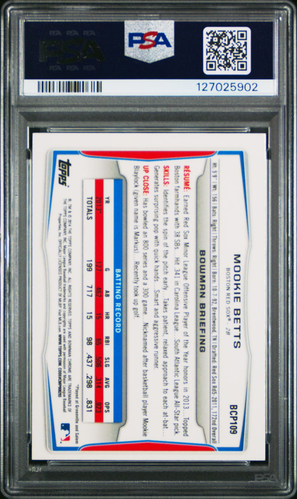 2014 Bowman Prospects Mookie Betts #Bcp109 (Chrome) Mint 9 back