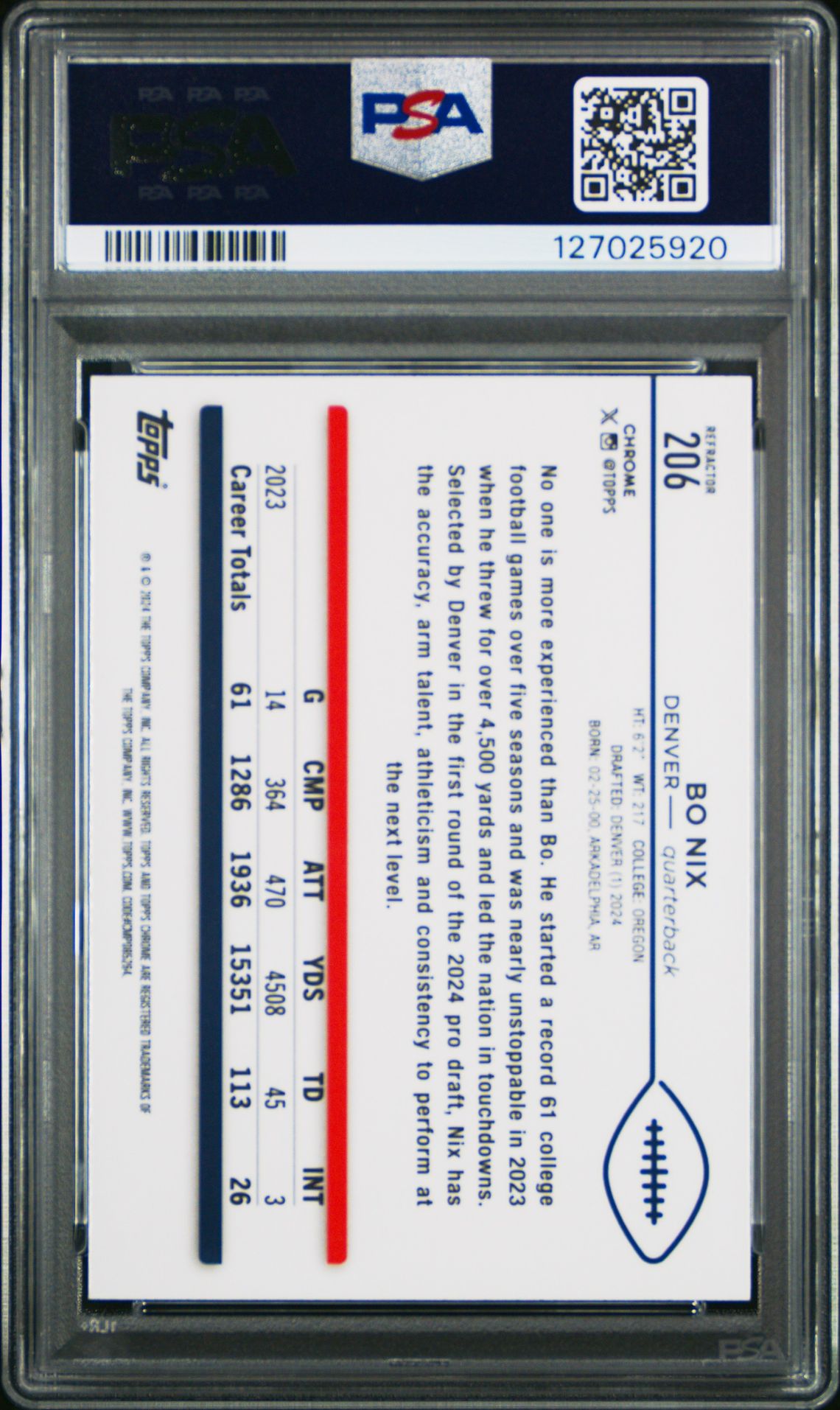 2024 Topps Chrome Bo Nix #206 (Refractor) Nm 7 back