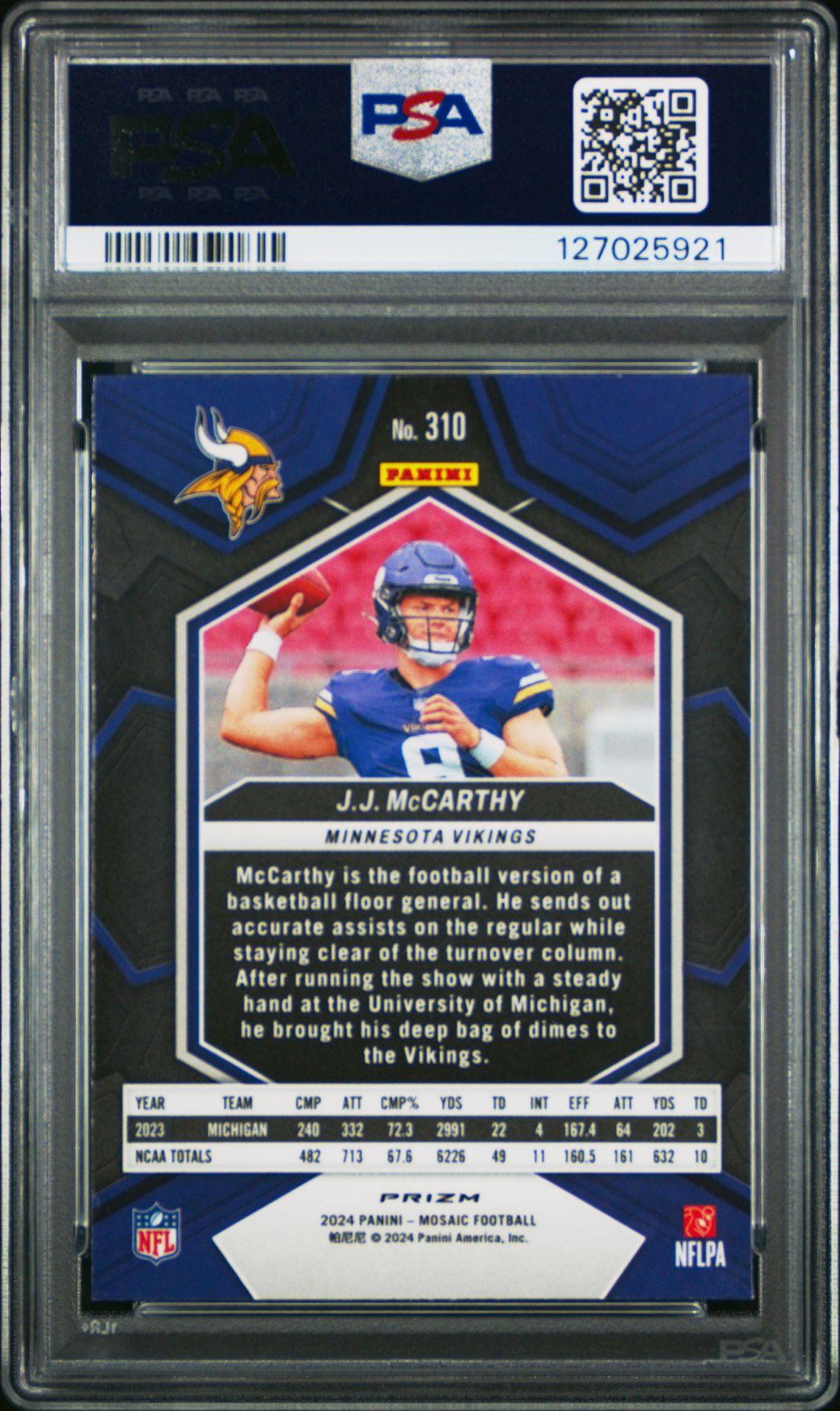 2024 Panini Mosaic Jj Mccarthy #310 (Reactive Blue) Gem Mt 10 back