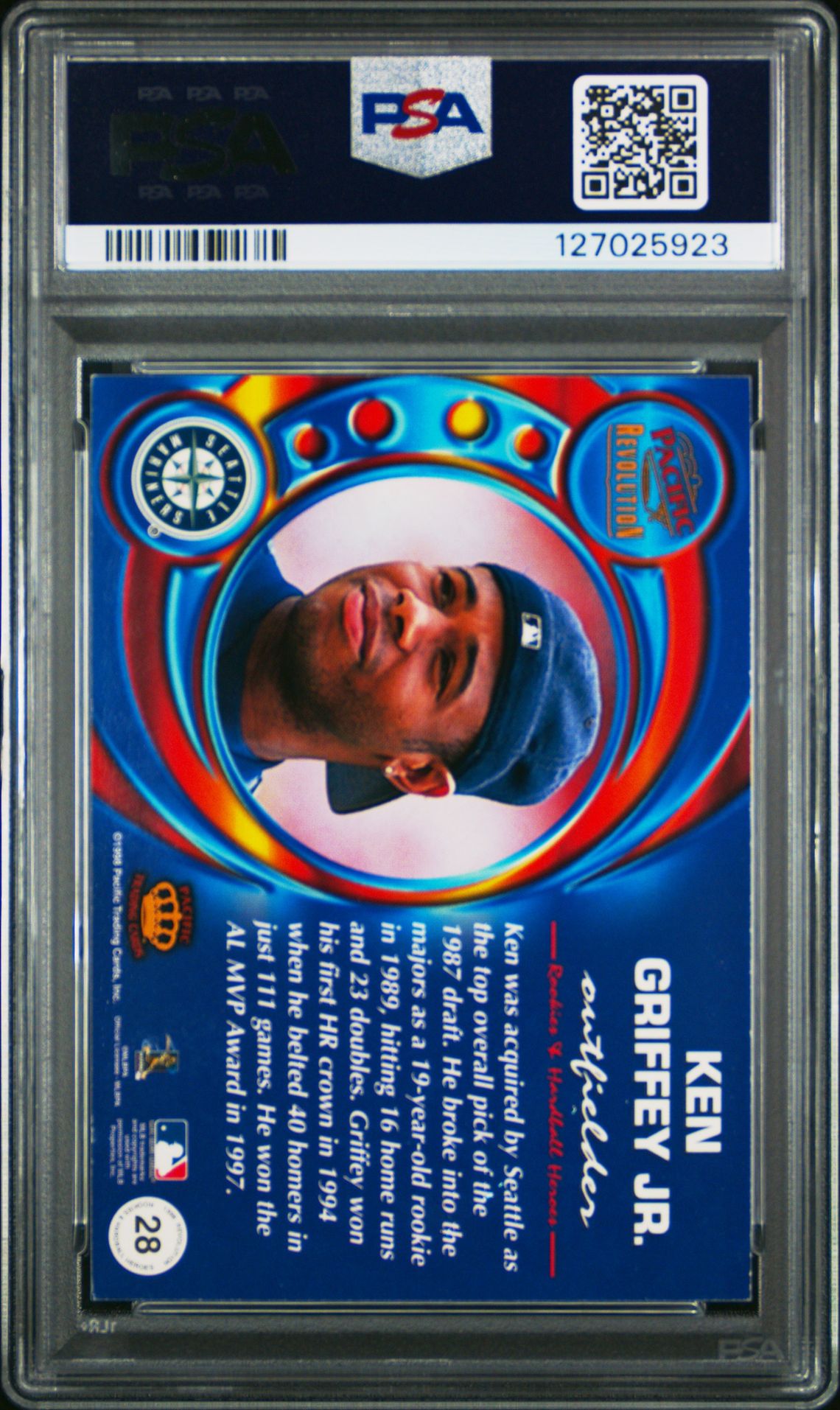 1998 Pacific Revolution Rookies & Hardball Heroes Ken Griffey Jr. #28 (Rookie & Hardball Heroes) Ex-Mt 6 back