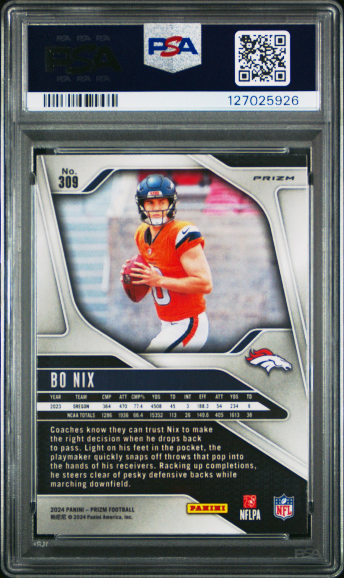 2024 Panini Prizm Bo Nix #309 (Lazer Prizm) Mint 9 back