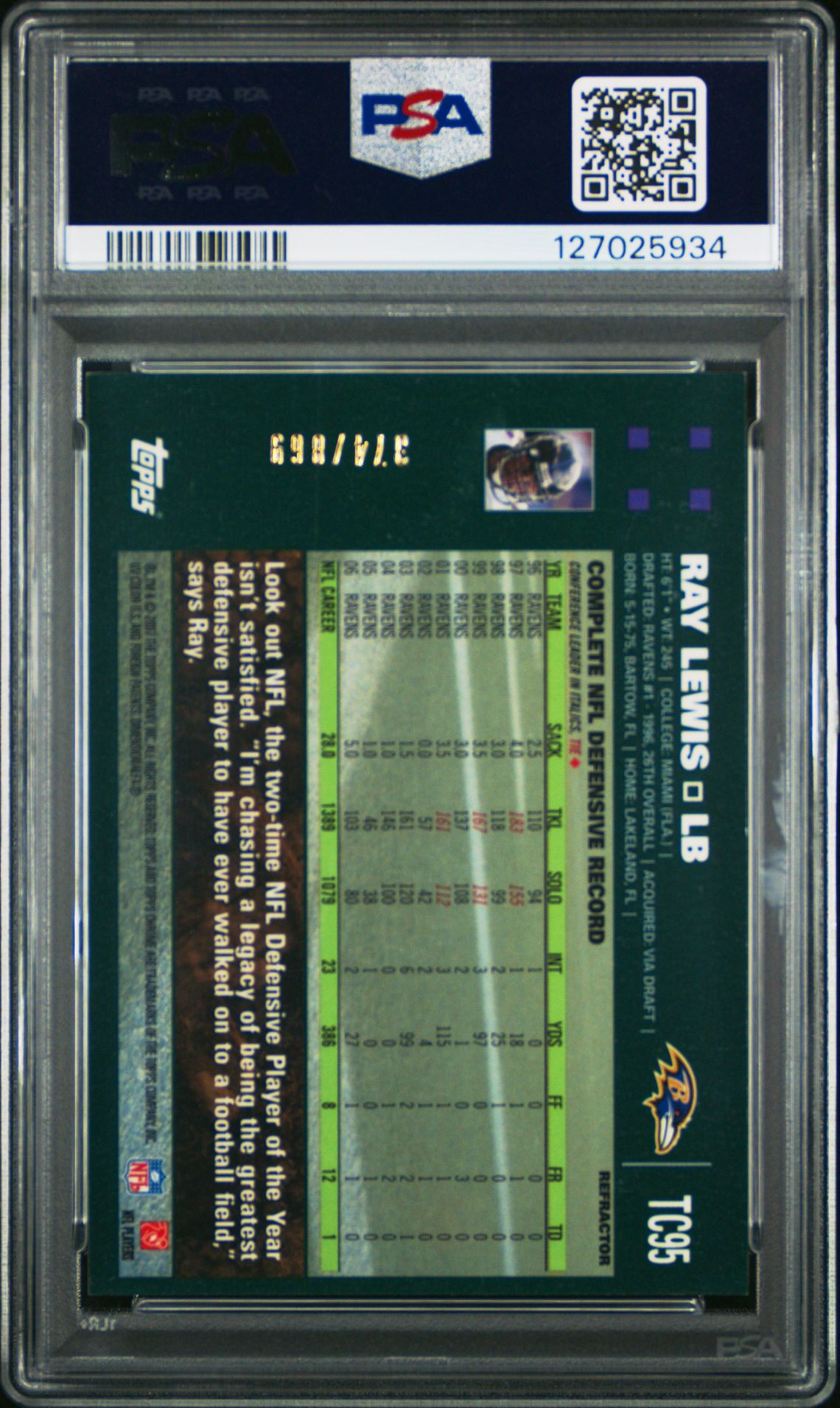 2007 Topps Chrome Ray Lewis #Tc95 (White Refractor) Nm-Mt 8 back