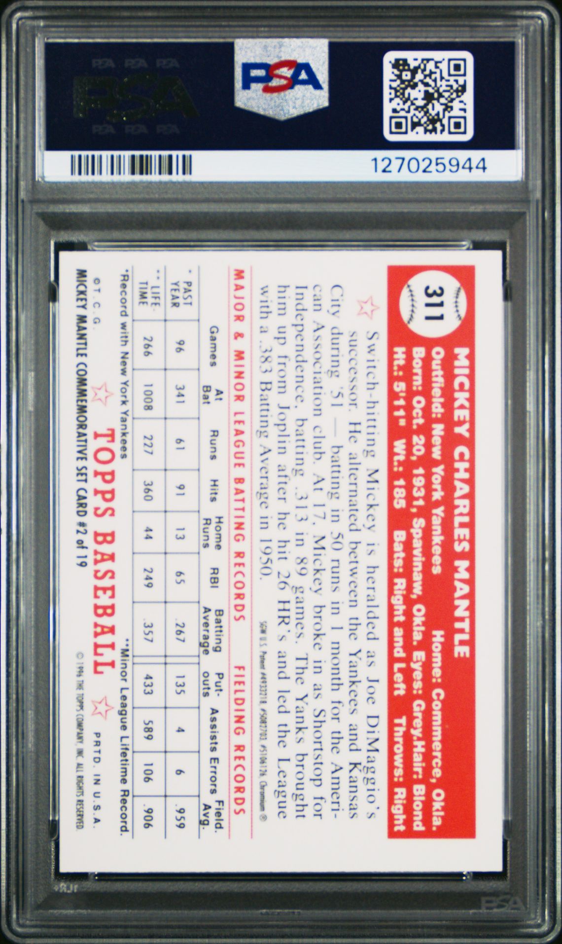 1996 Topps Mantle Finest 1952 Topps Reprint #2 Nm 7 back