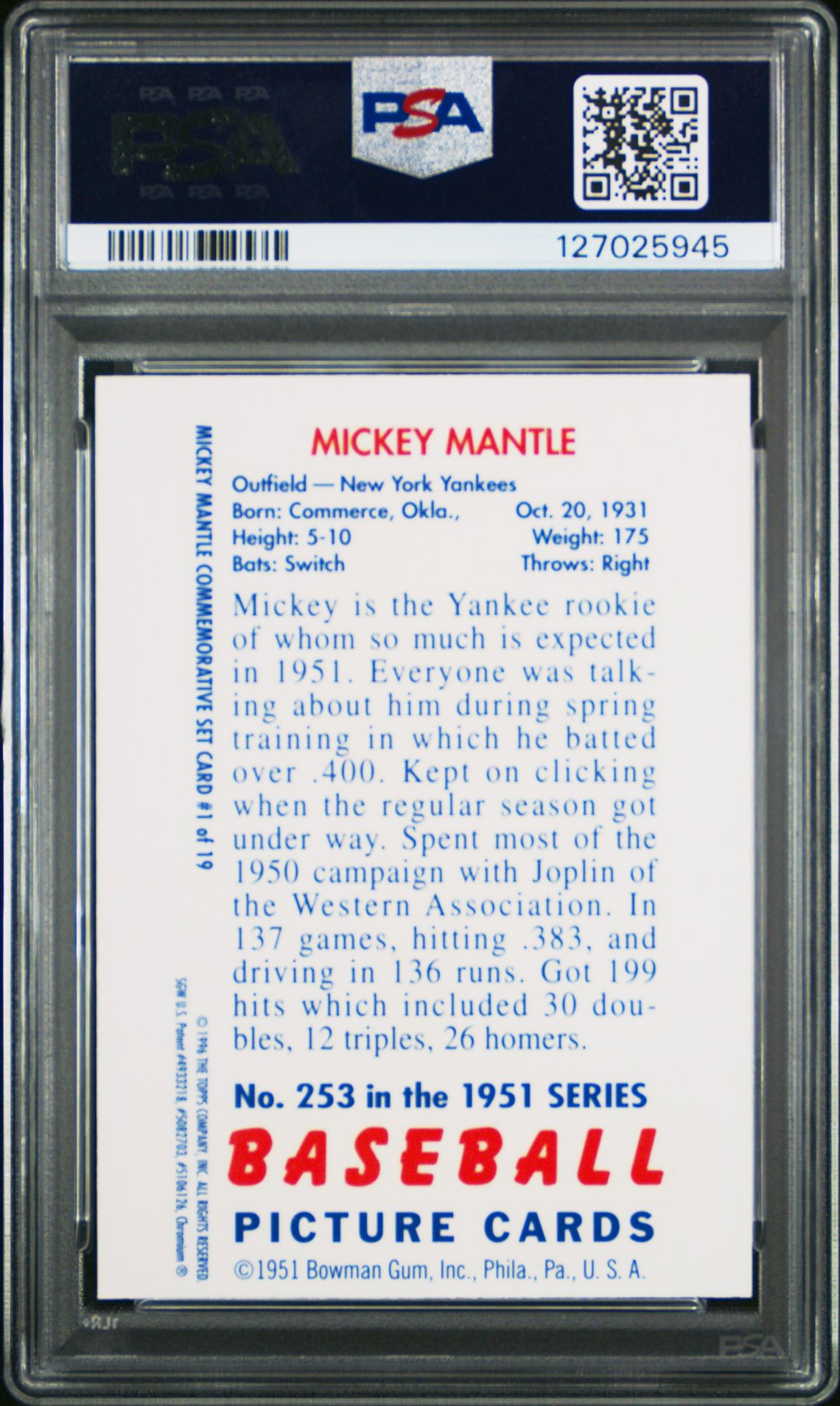 1996 Topps Mantle Finest 1951 Bowman Reprint #1 (W/Coating) Nm-Mt 8 back