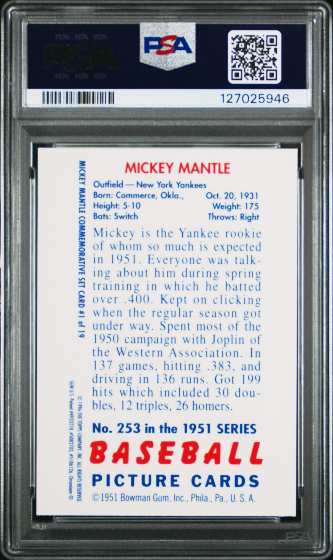 1996 Topps Mantle Finest 1951 Bowman Reprint #1 (W/Coating) Nm-Mt 8 back