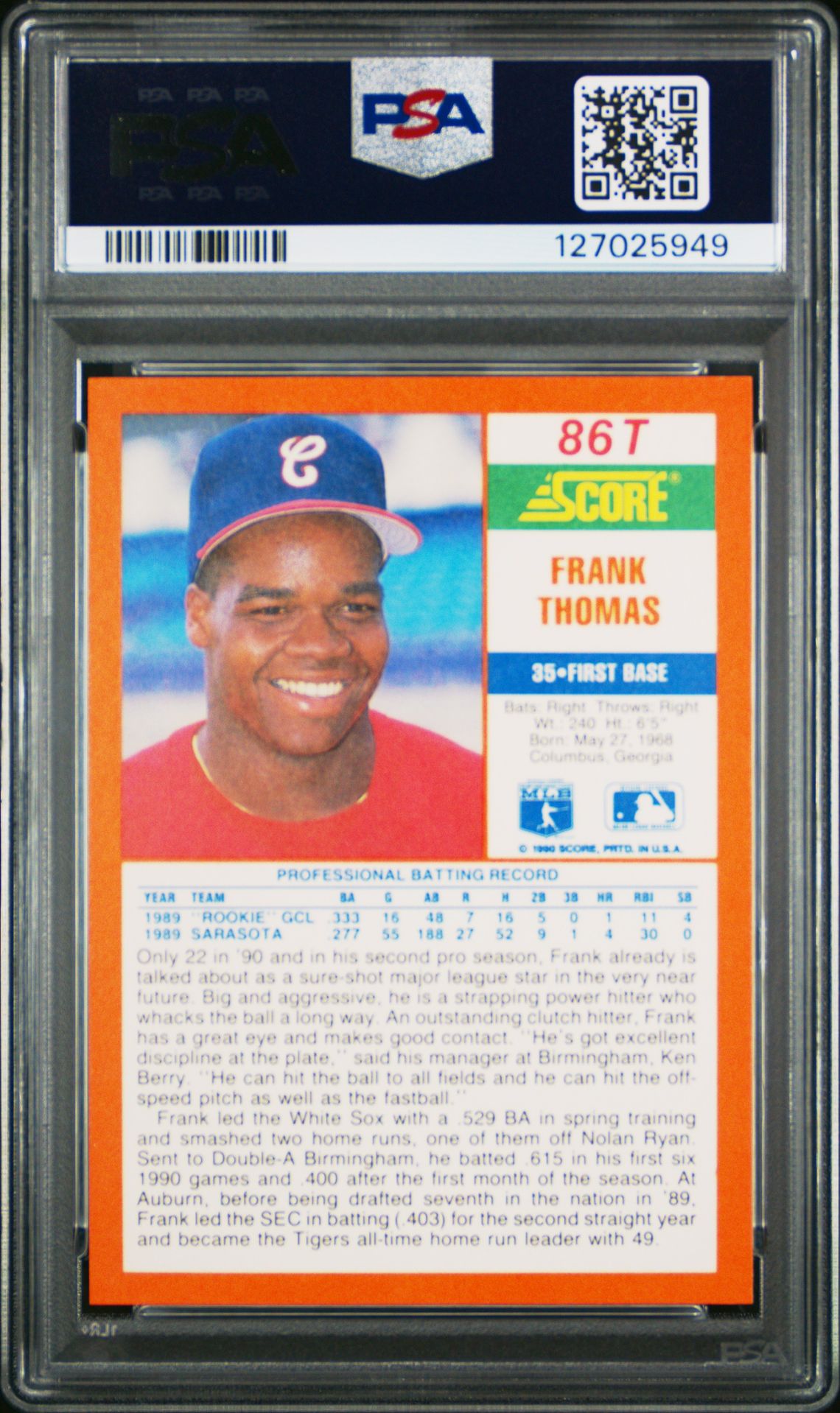 1990 Score Traded Frank Thomas #86T Mint 9 back