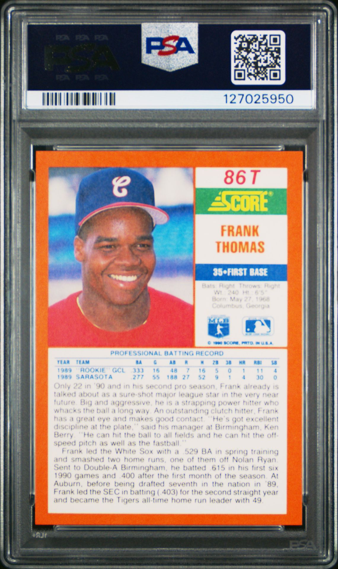 1990 Score Traded Frank Thomas #86T Nm-Mt 8 back
