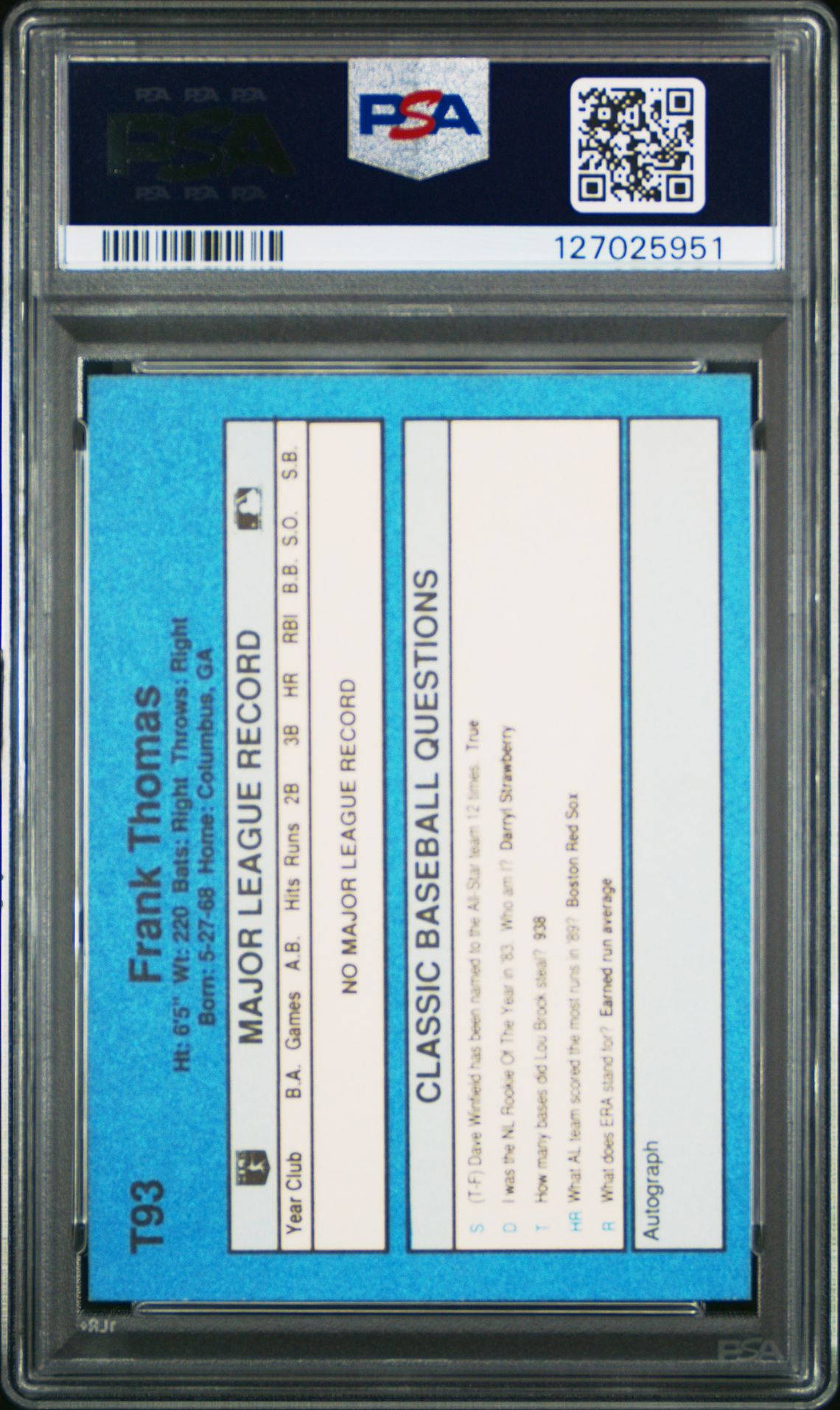 1990 Classic Frank Thomas #T93 (Series Iii) Nm-Mt 8 back