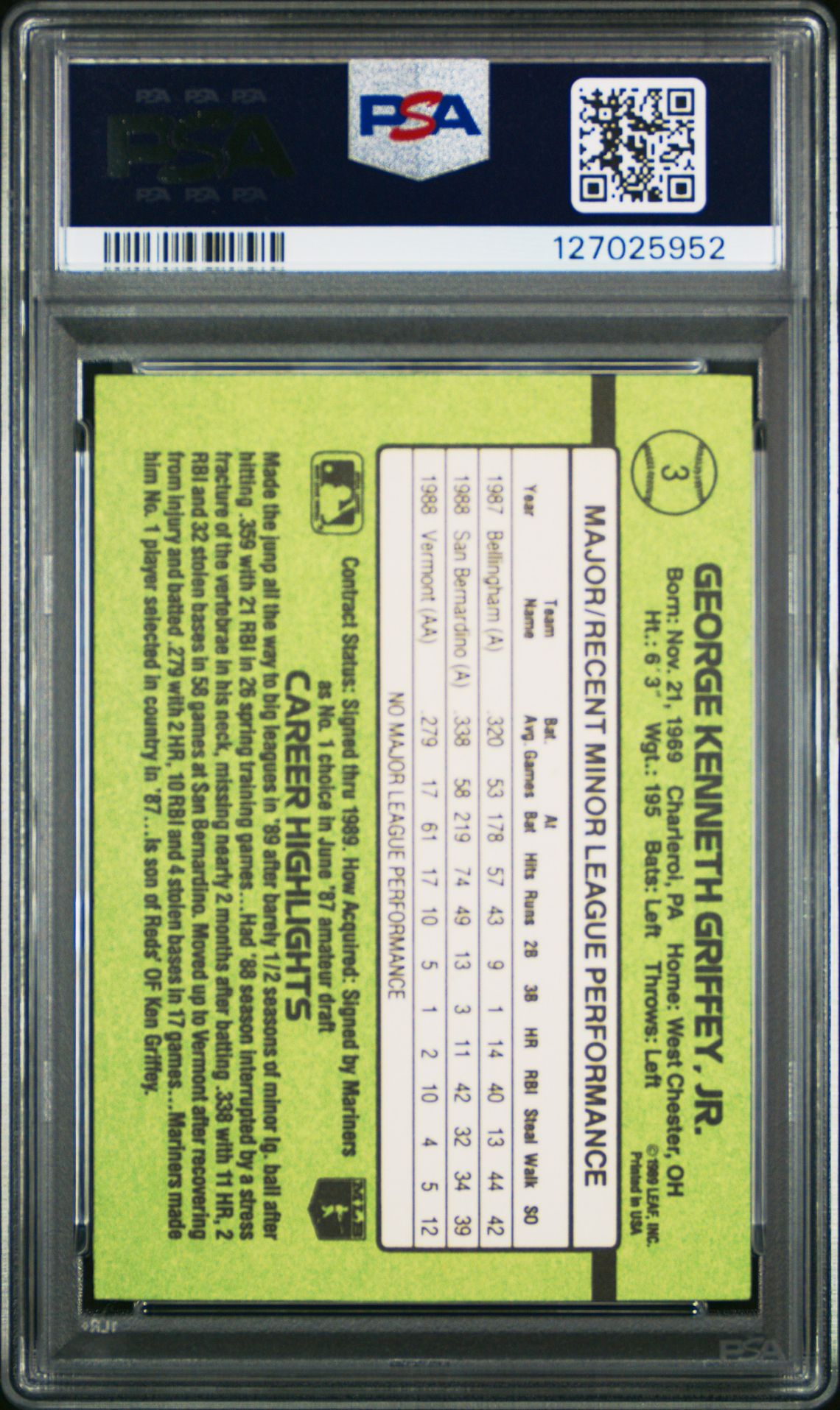 1989 Donruss Rookies Ken Griffey Jr. #3 Nm-Mt 8 back