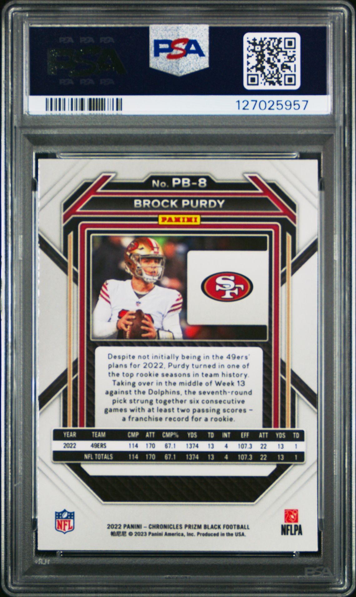 2022 Panini Chronicles Prizm Black Brock Purdy #Pb8 Gem Mt 10 back