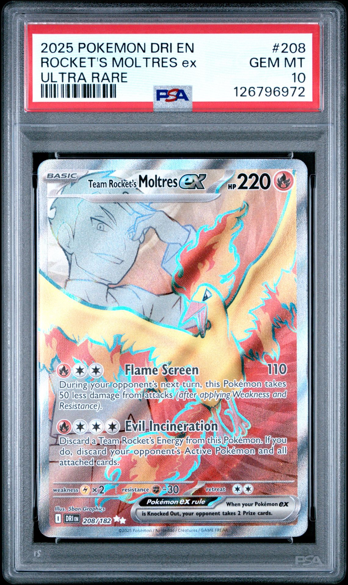 2025 Pokemon Dri En-Destined Rivals Rocket's Moltres Ex #208 (Ultra Rare) Gem Mt 10 front
