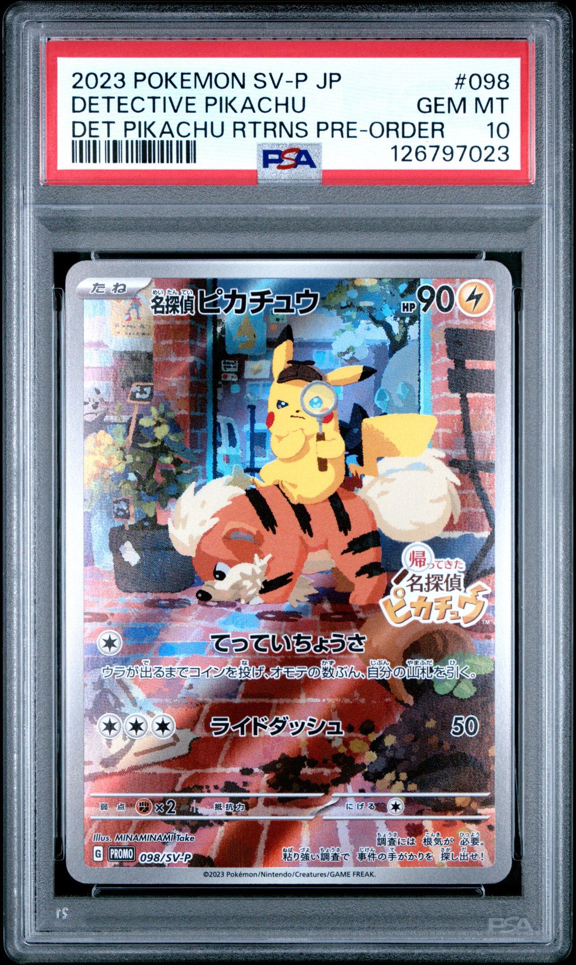 2023 Pokemon Japanese Sv-P Promo Detective Pikachu #098 (Det Pikachu Rtrns Pre-Order) Gem Mt 10 front