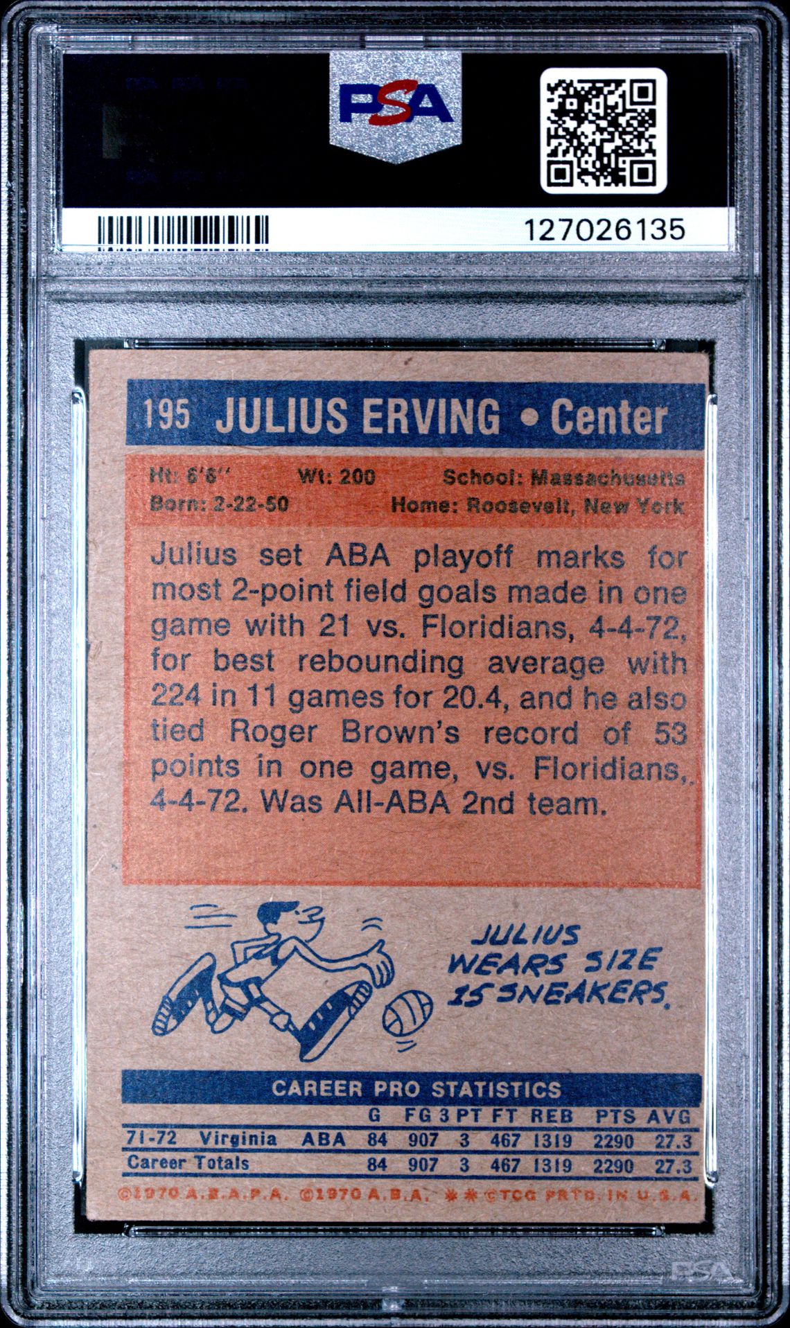 1972 Topps Julius Erving #195 Fr 1.5 back