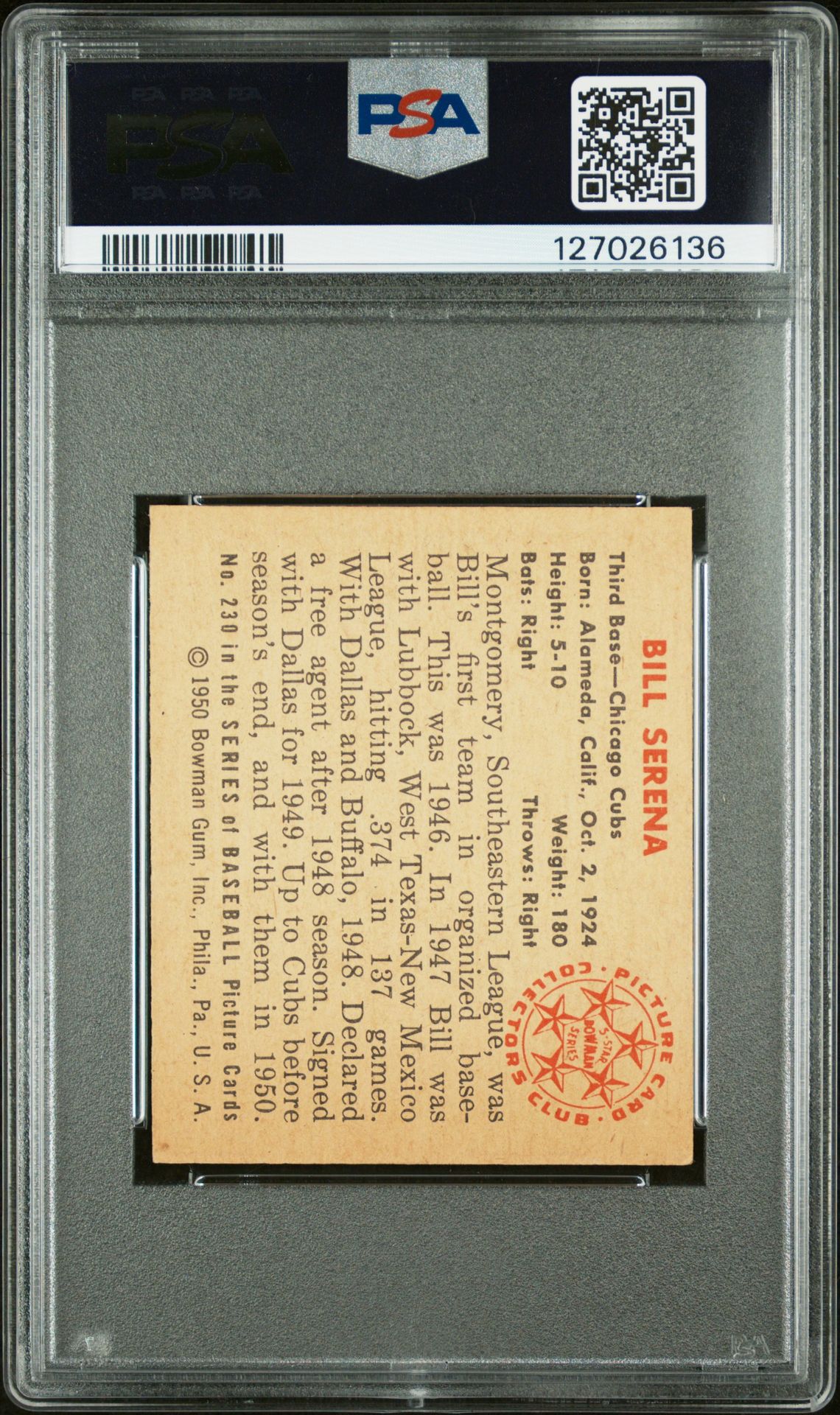 1950 Bowman Bill Serena #230 Ex 5 back