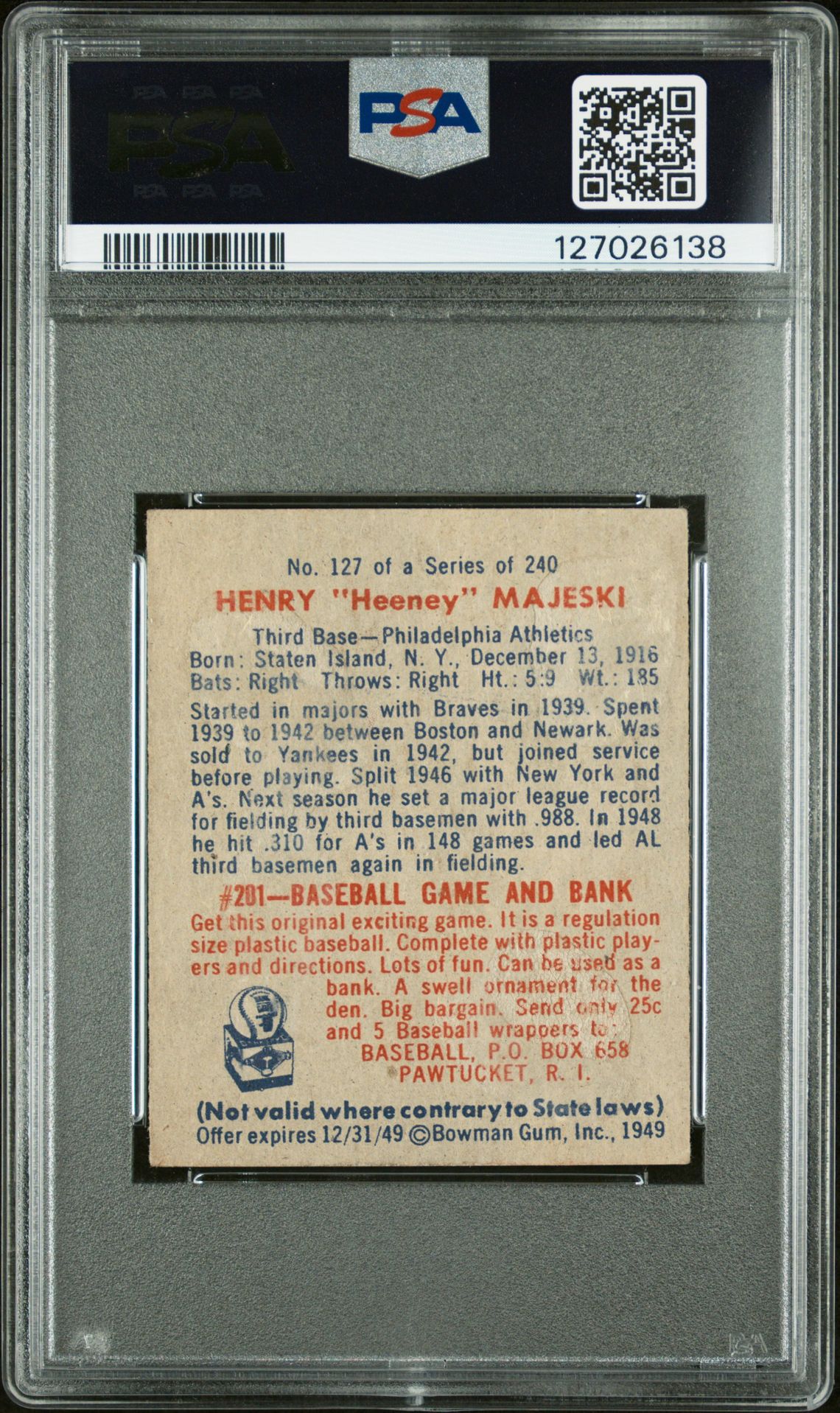 1949 Bowman Henry Majeski #127 (Printed Name On Back) Good 2 back