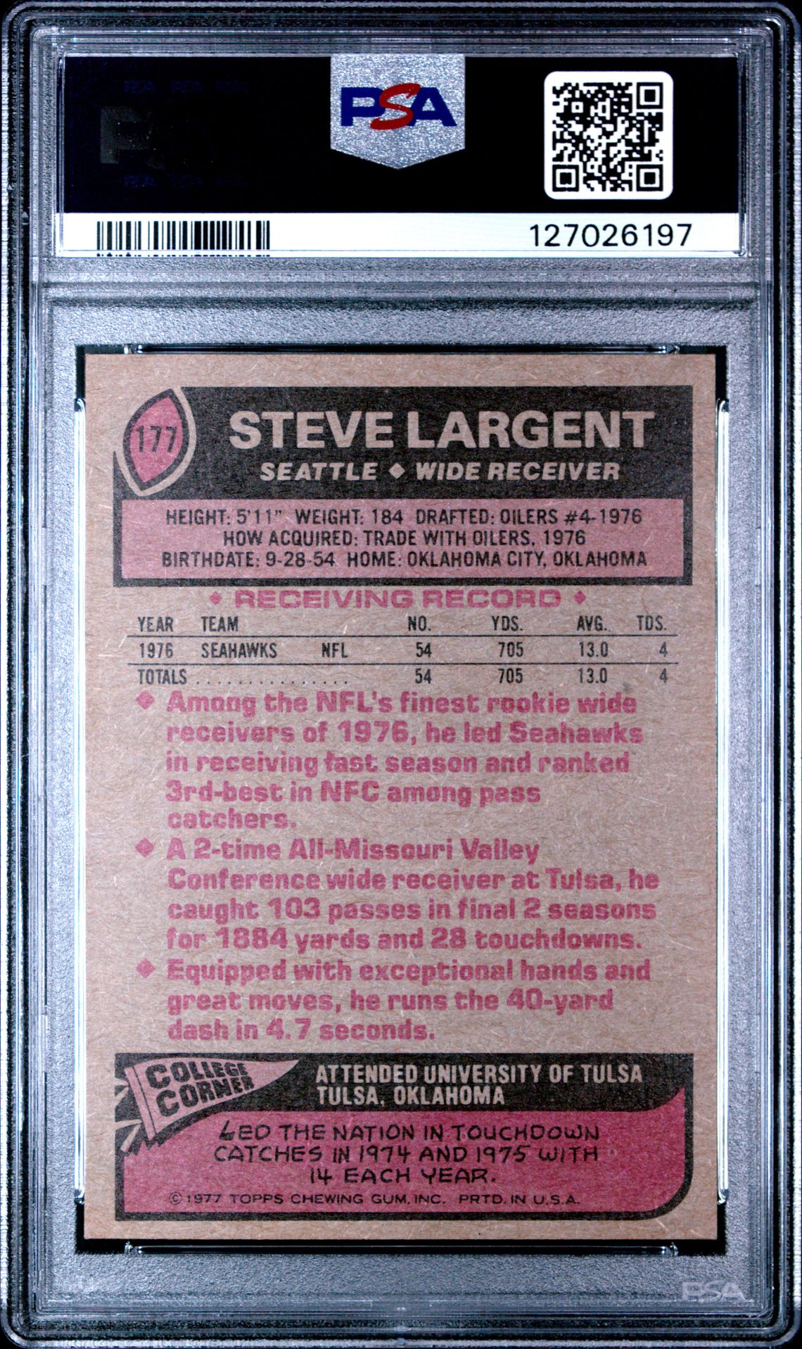1977 Topps Steve Largent #177 Nm 7 back