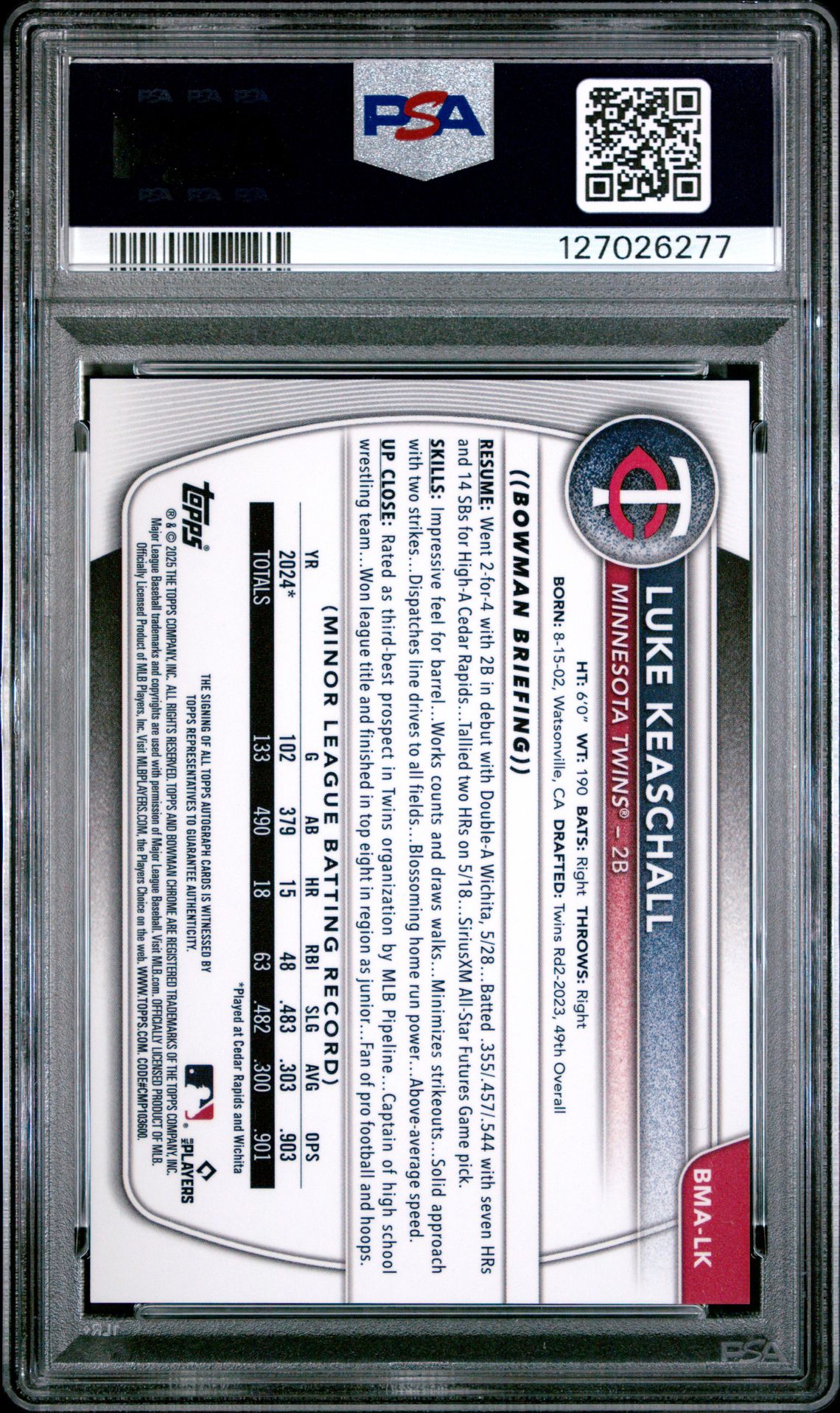 2025 Bowman Mega Box Bowman Prospect Mega Autographs Luke Keaschall #Lk Gem Mt 10 back