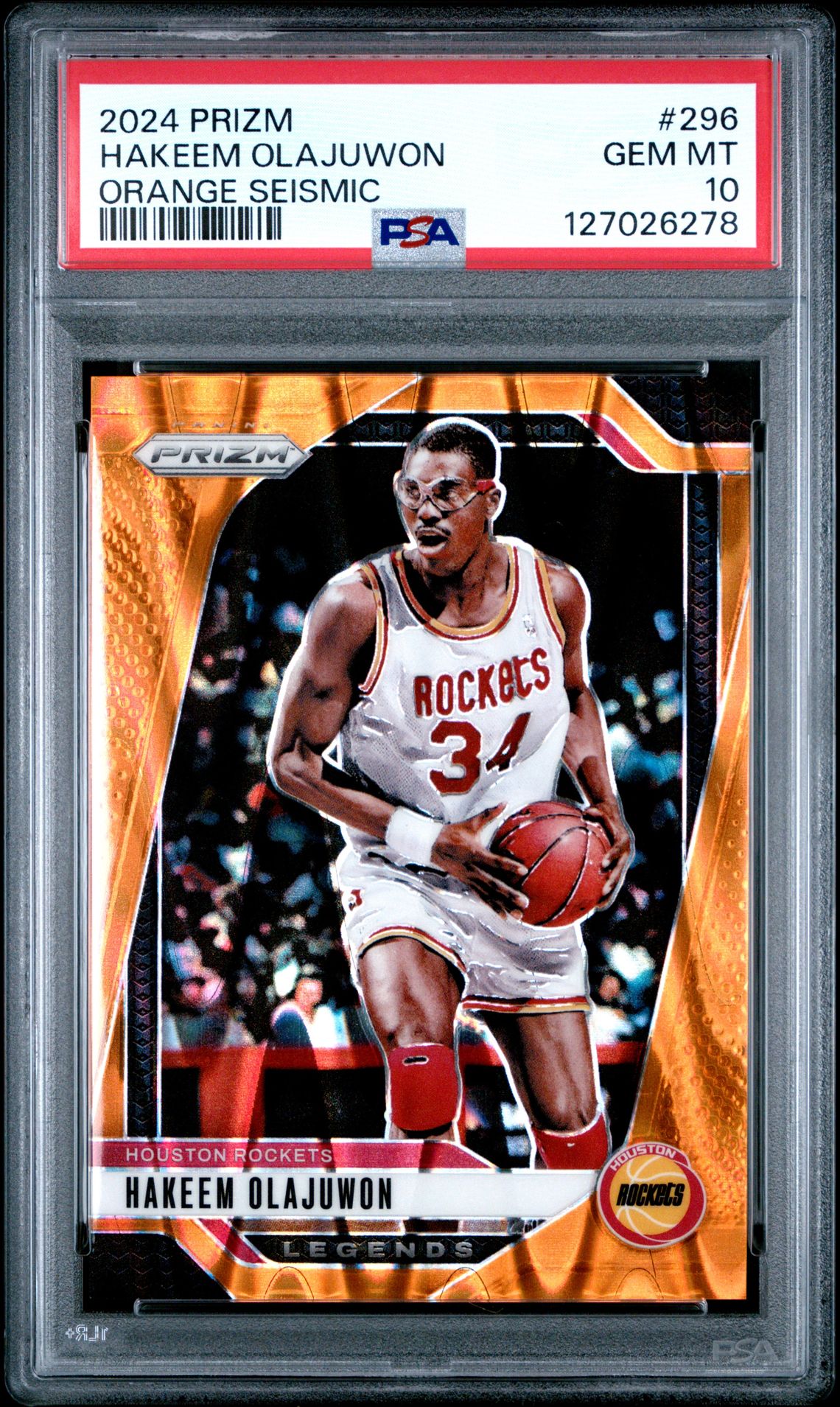 2024 Panini Prizm Hakeem Olajuwon #296 (Orange Seismic) Gem Mt 10 front