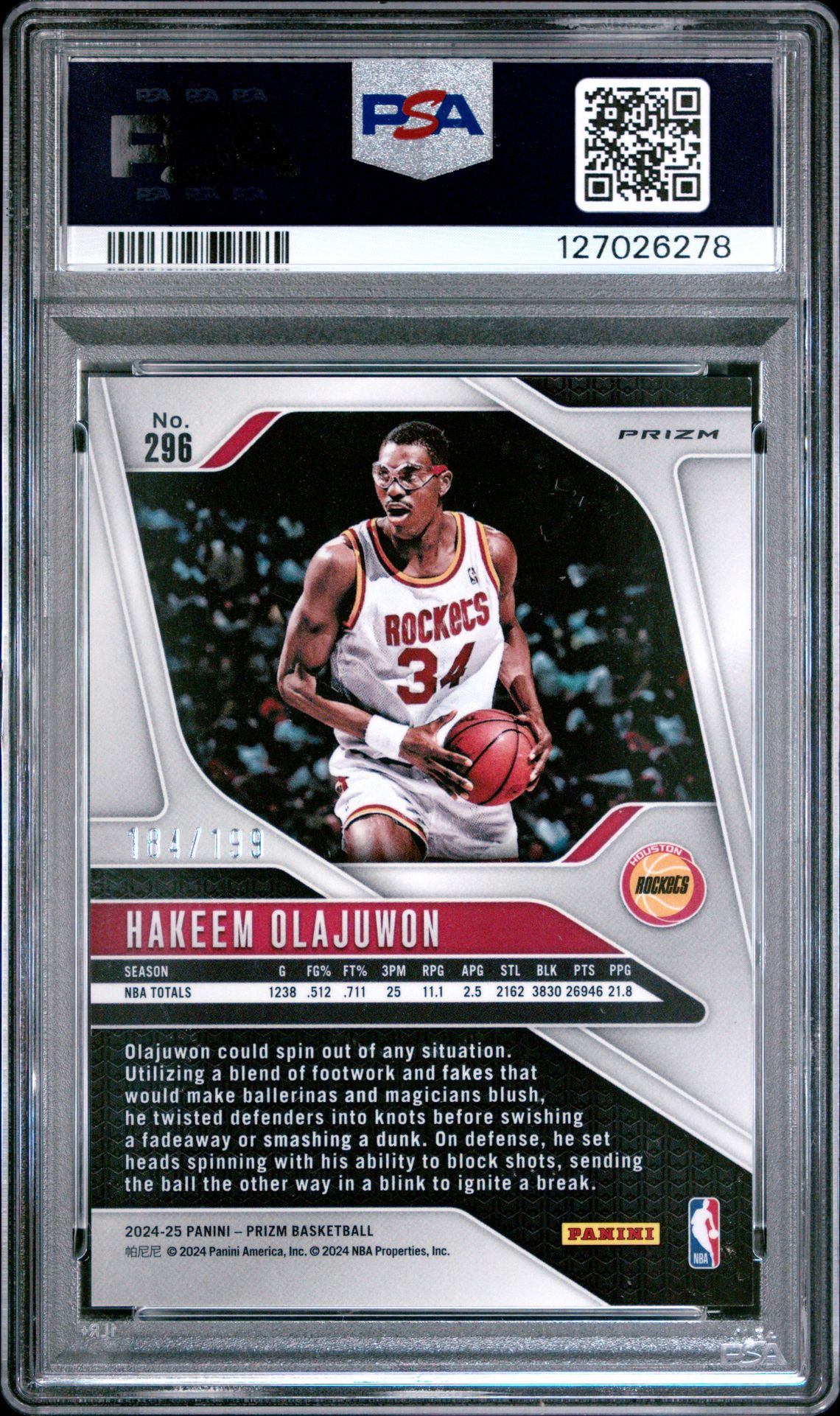 2024 Panini Prizm Hakeem Olajuwon #296 (Orange Seismic) Gem Mt 10 back