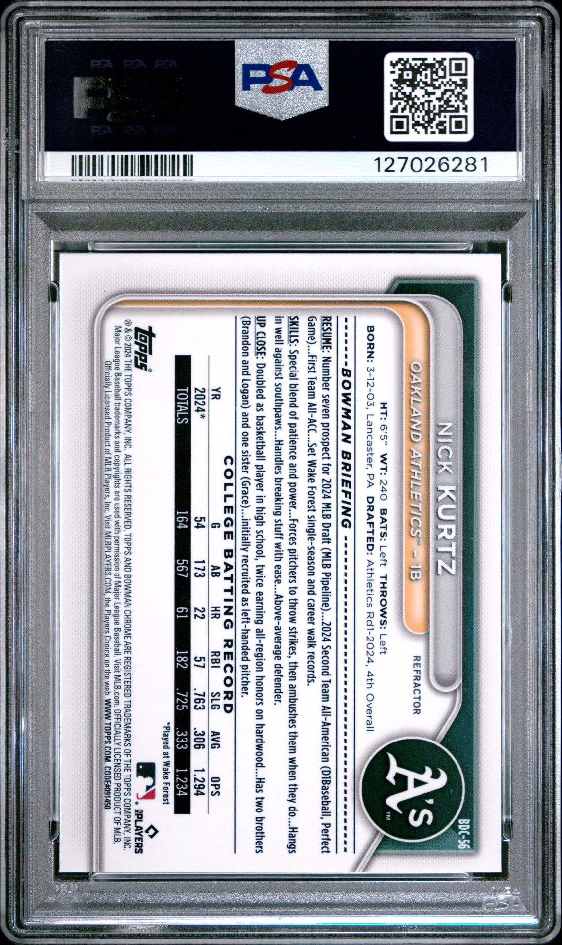 2024 Bowman Draft Nick Kurtz #Bdc56 (Chrome-Refractor) Mint 9 back