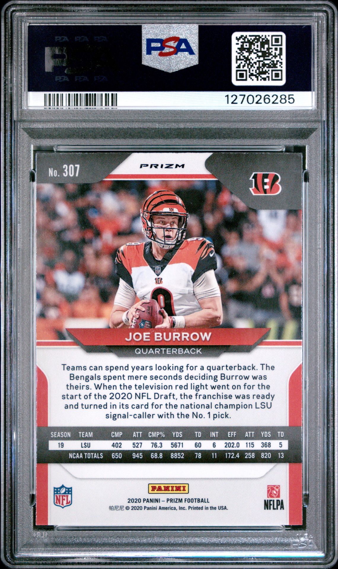2020 Panini Prizm Joe Burrow #307 (Red/White/Blue Prizm) Gem Mt 10 back