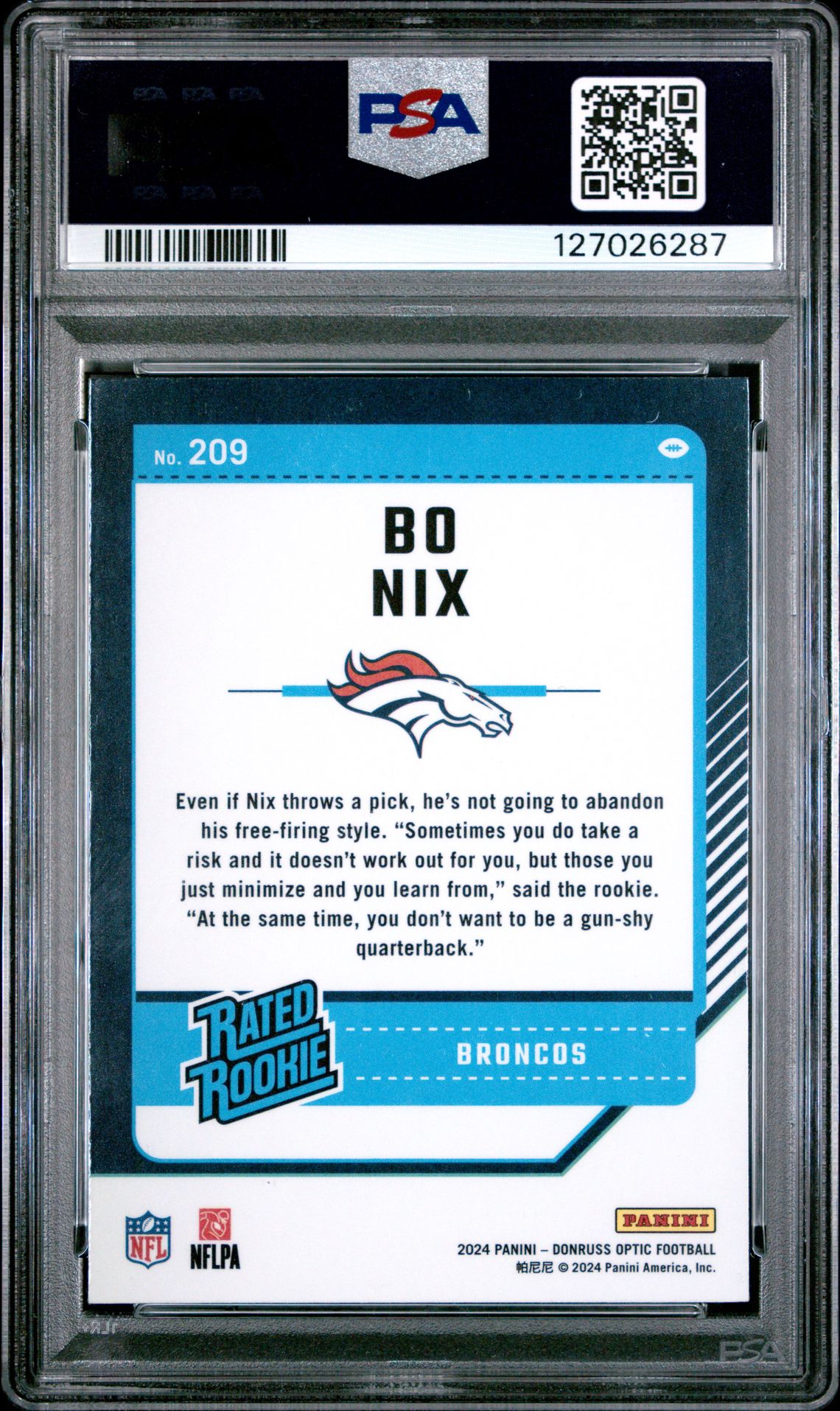 2024 Panini Donruss Optic Bo Nix #209 Gem Mt 10 back