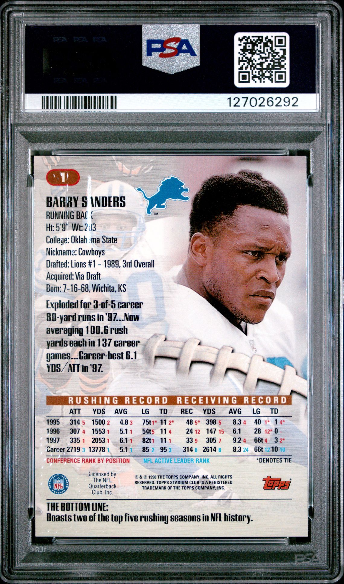 1998 Stadium Club Barry Sanders #1 Gem Mt 10 back
