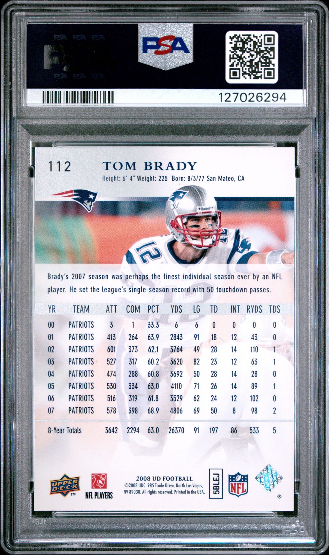 2008 Upper Deck Tom Brady #112 Gem Mt 10 back