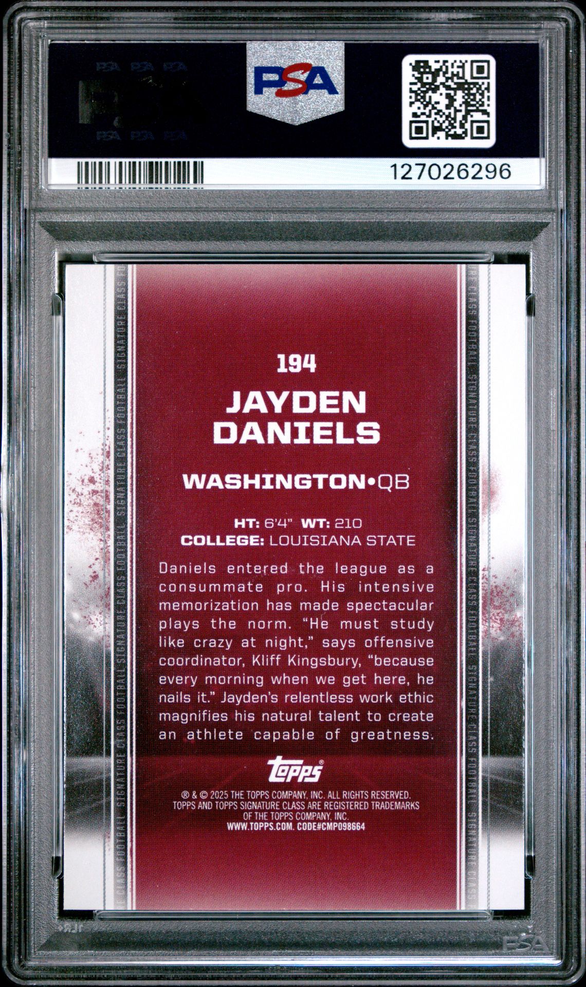 2024 Topps Signature Class Jayden Daniels #194 Gem Mt 10 back