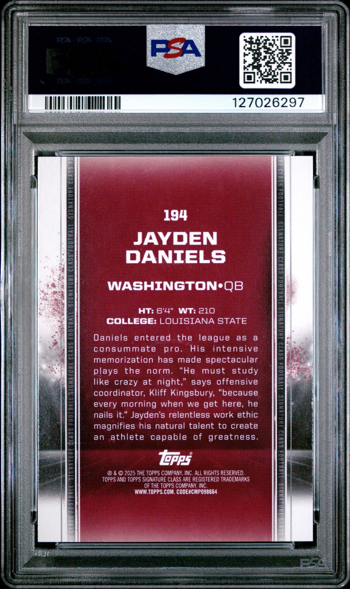 2024 Topps Signature Class Jayden Daniels #194 Gem Mt 10 back