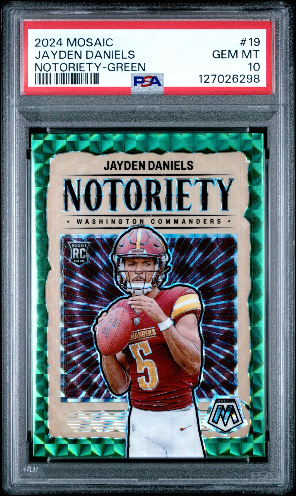 2024 Panini Mosaic Notoriety Jayden Daniels #19 (Notoriety-Green) Gem Mt 10 front