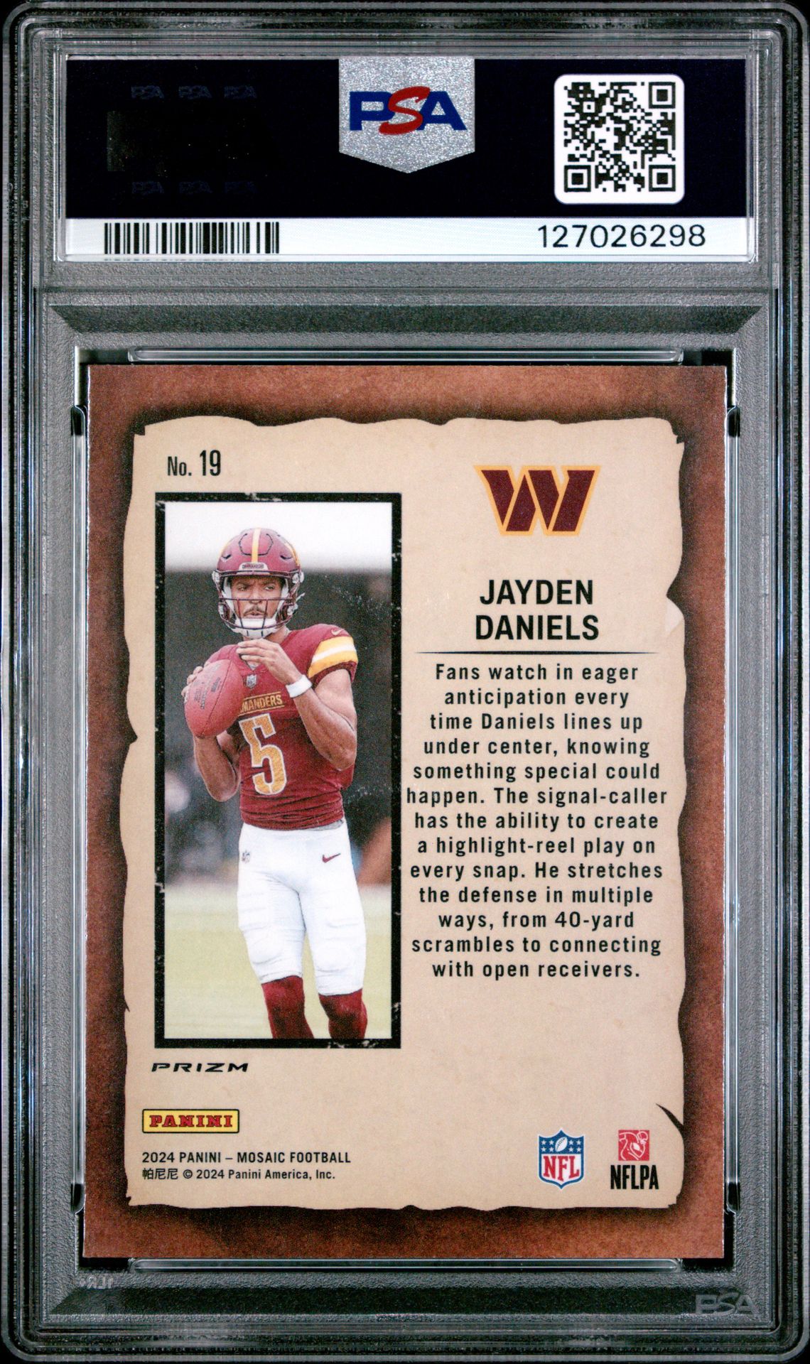 2024 Panini Mosaic Notoriety Jayden Daniels #19 (Notoriety-Green) Gem Mt 10 back