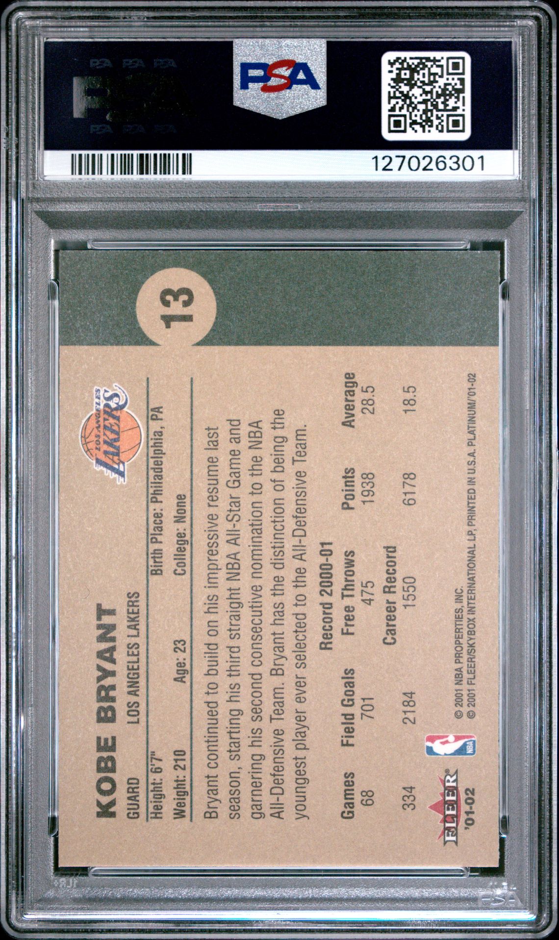 2001 Fleer Platinum Kobe Bryant #13 Mint 9 back