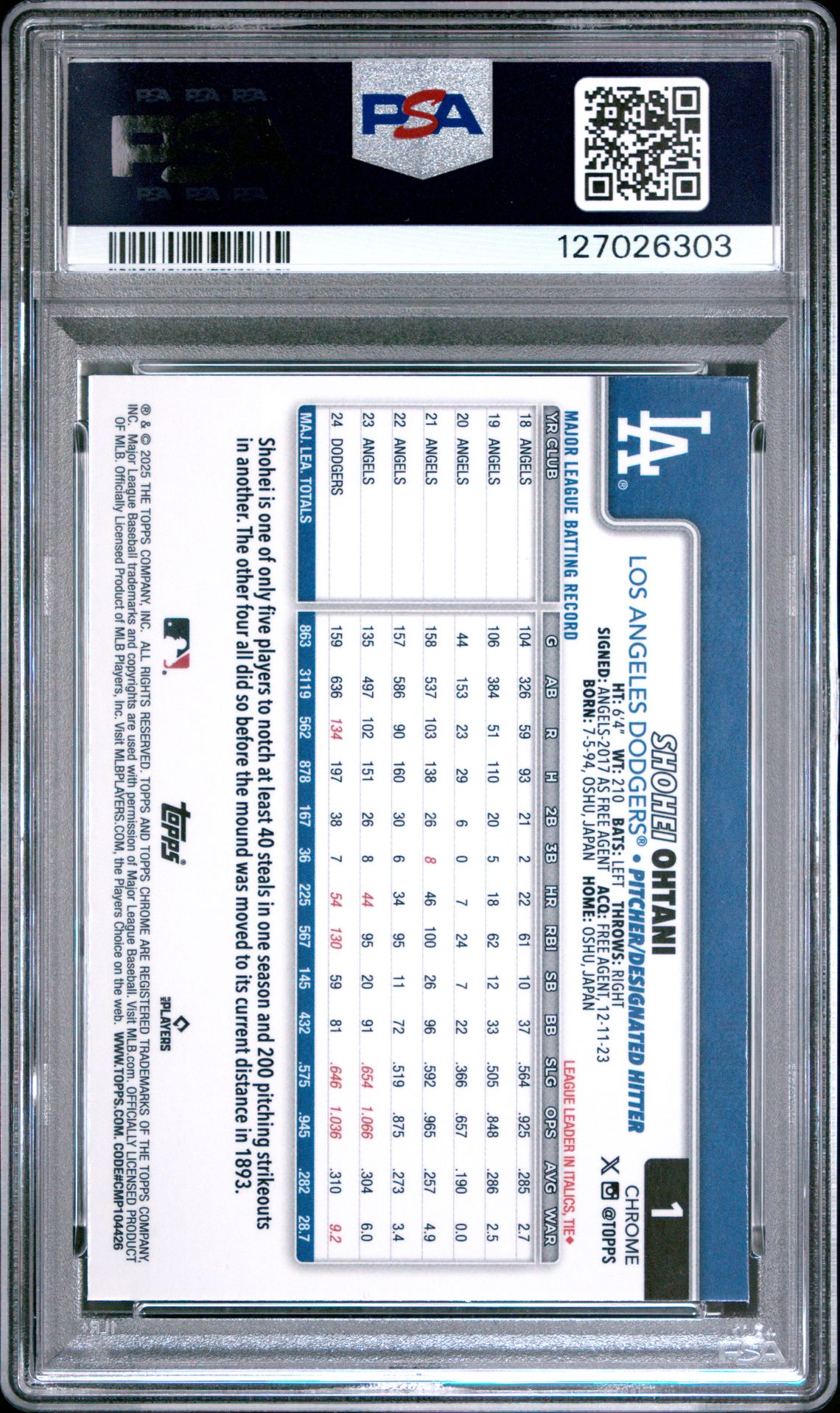 2025 Topps Chrome Shohei Ohtani #1 (Sepia Refractor) Gem Mt 10 back