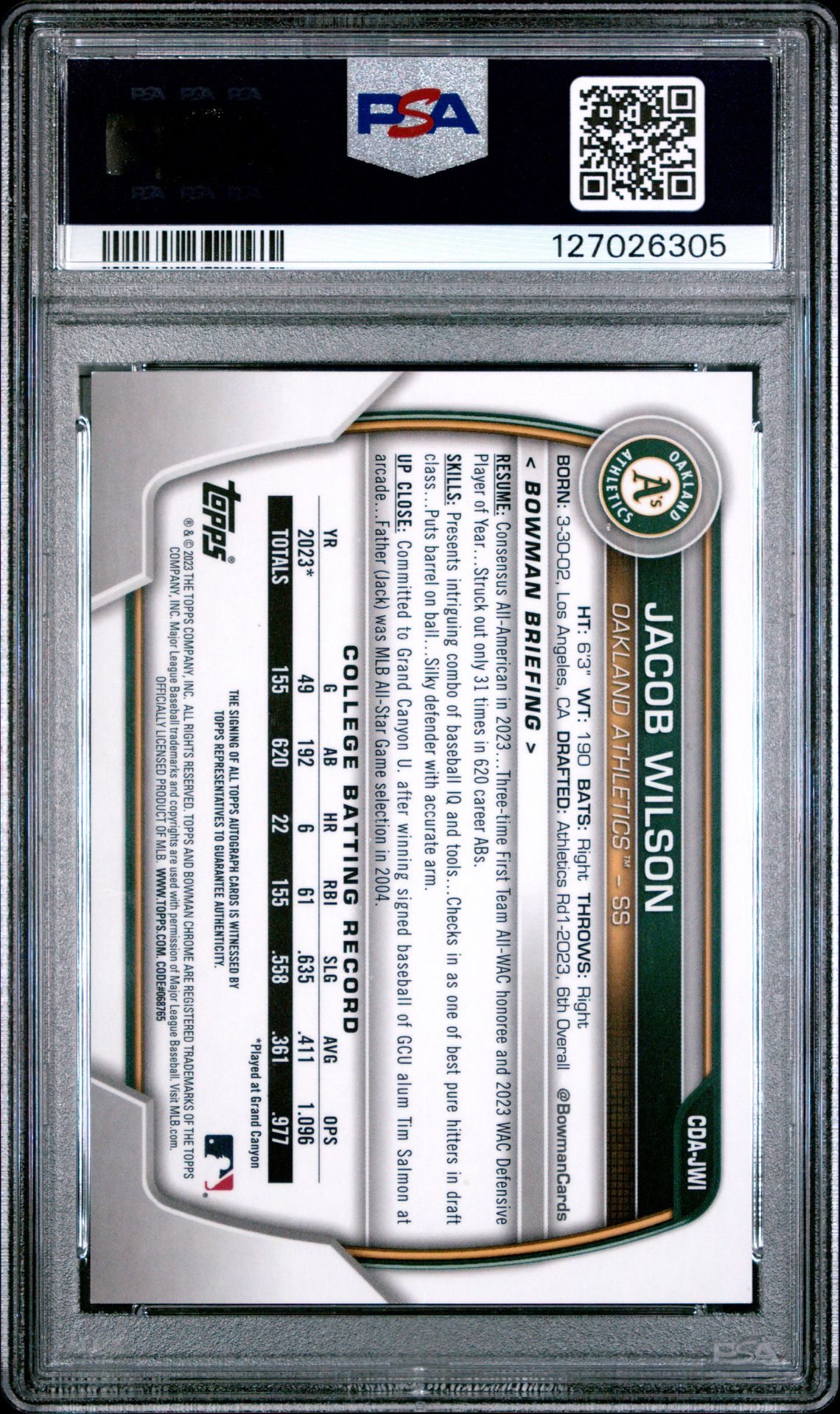 2023 Bowman Draft Chrome Prospect Autograph Jacob Wilson #Cdajwi Mint 9 back