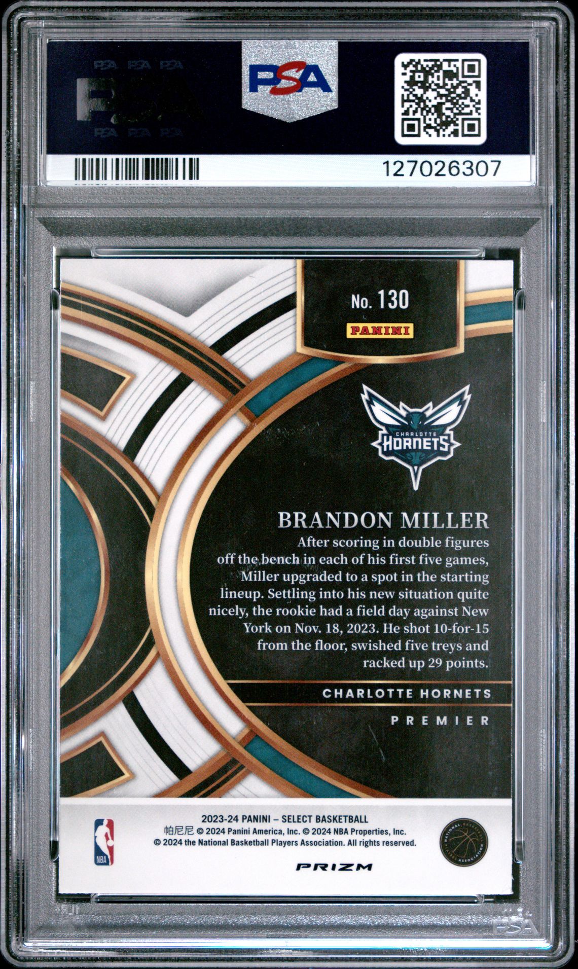 2023 Panini Select Brandon Miller #130 (Tiger Prizm) Mint 9 back