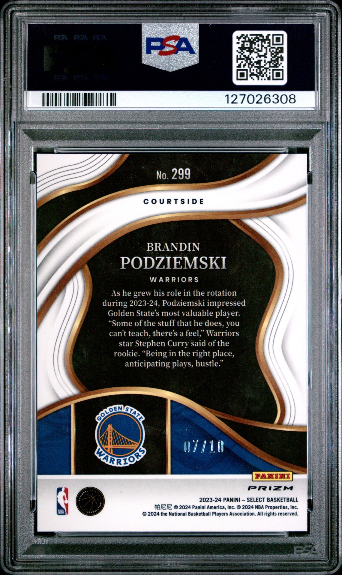 2023 Panini Select Brandin Podziemski #299 (Gold Wave) Gem Mt 10 back