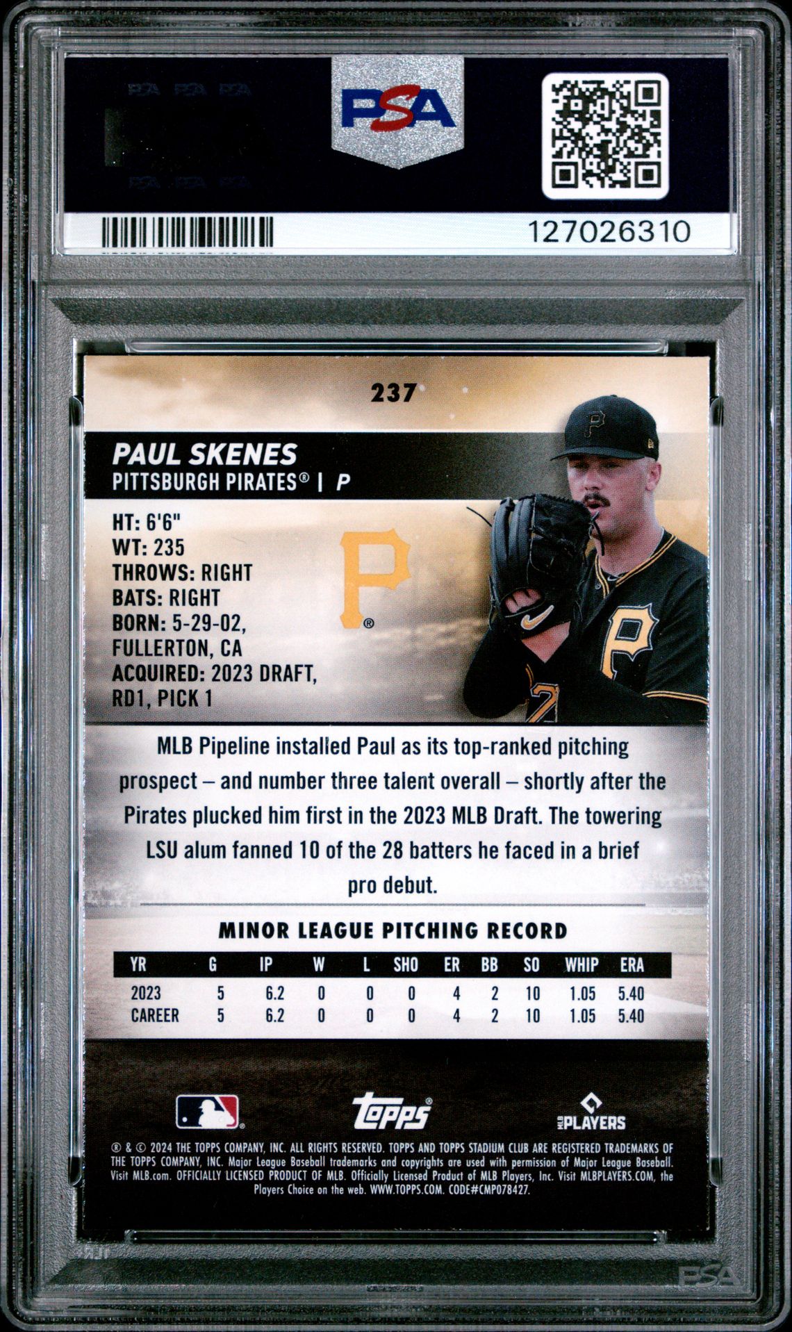 2024 Topps Stadium Club Paul Skenes #237 (Pink Foil) Mint 9 back