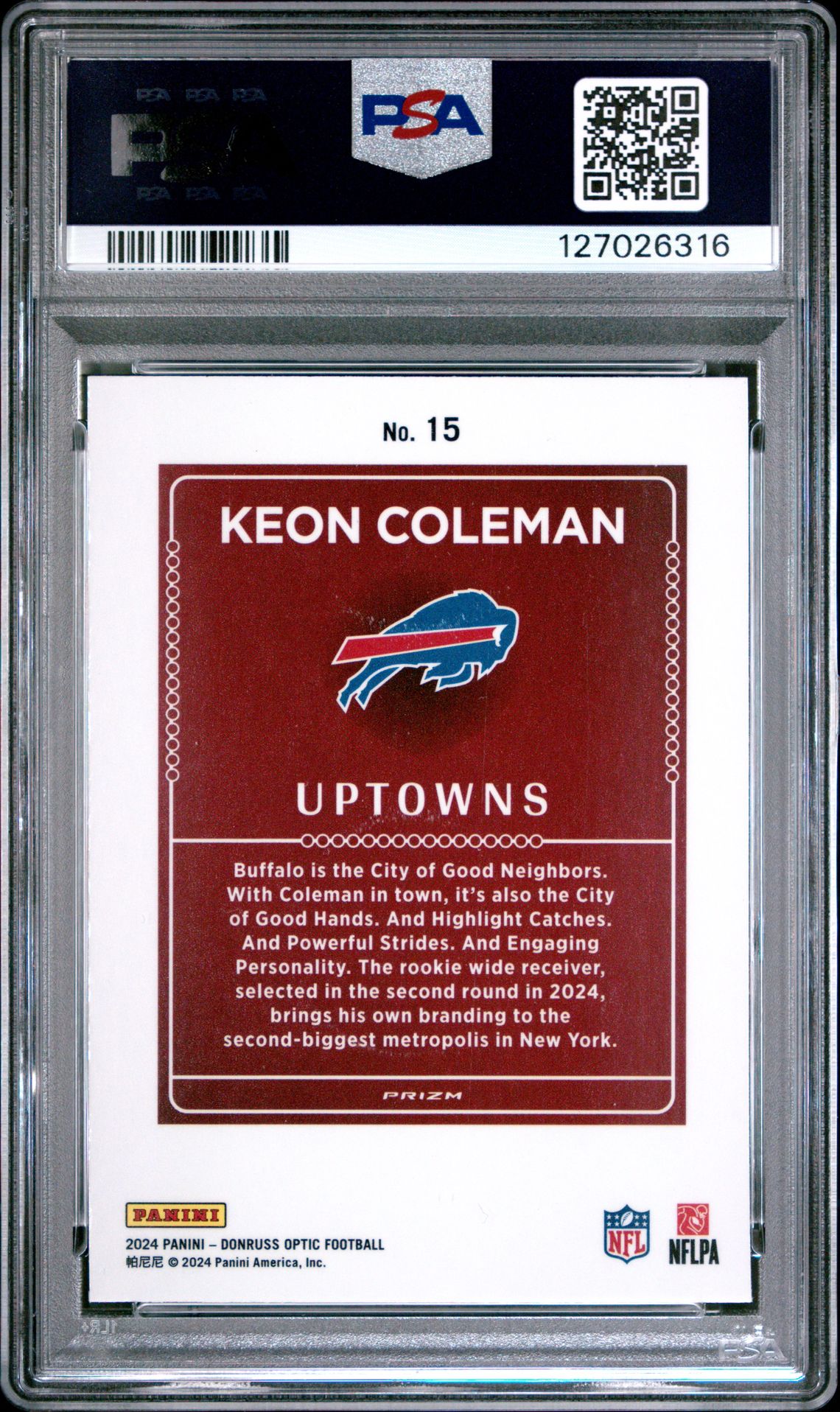 2024 Panini Donruss Optic Uptowns Keon Coleman #15 Gem Mt 10 back