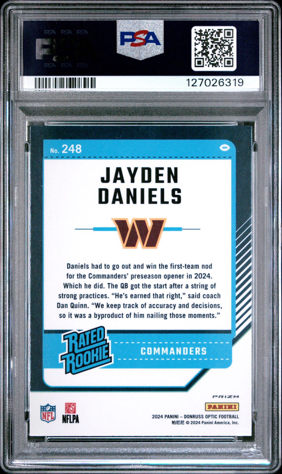 2024 Panini Donruss Optic Jayden Daniels #248 (Pink) Mint 9 back