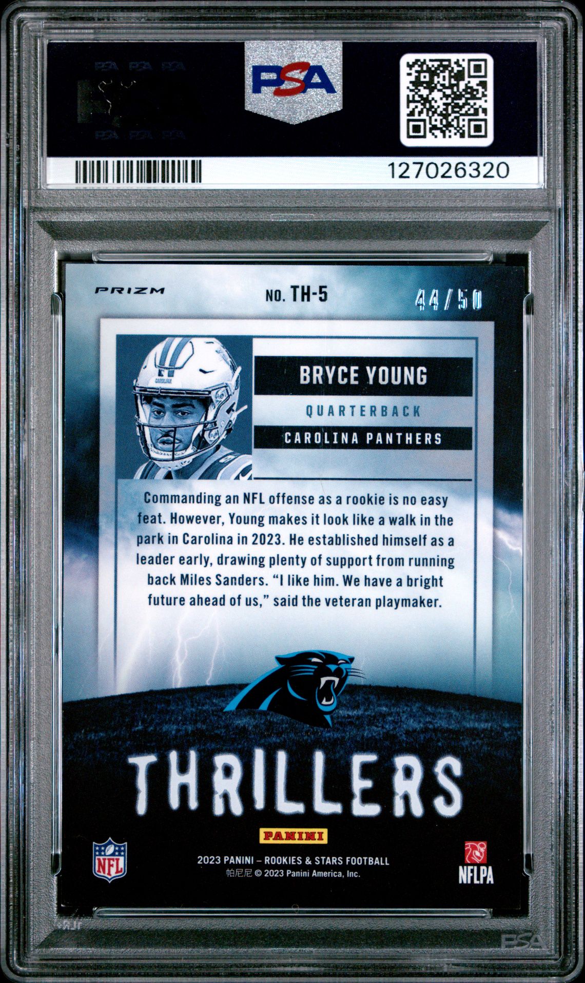 2023 Panini Rookies & Stars Thrillers Bryce Young #Th5 (Thrillers-Blue) Mint 9 back