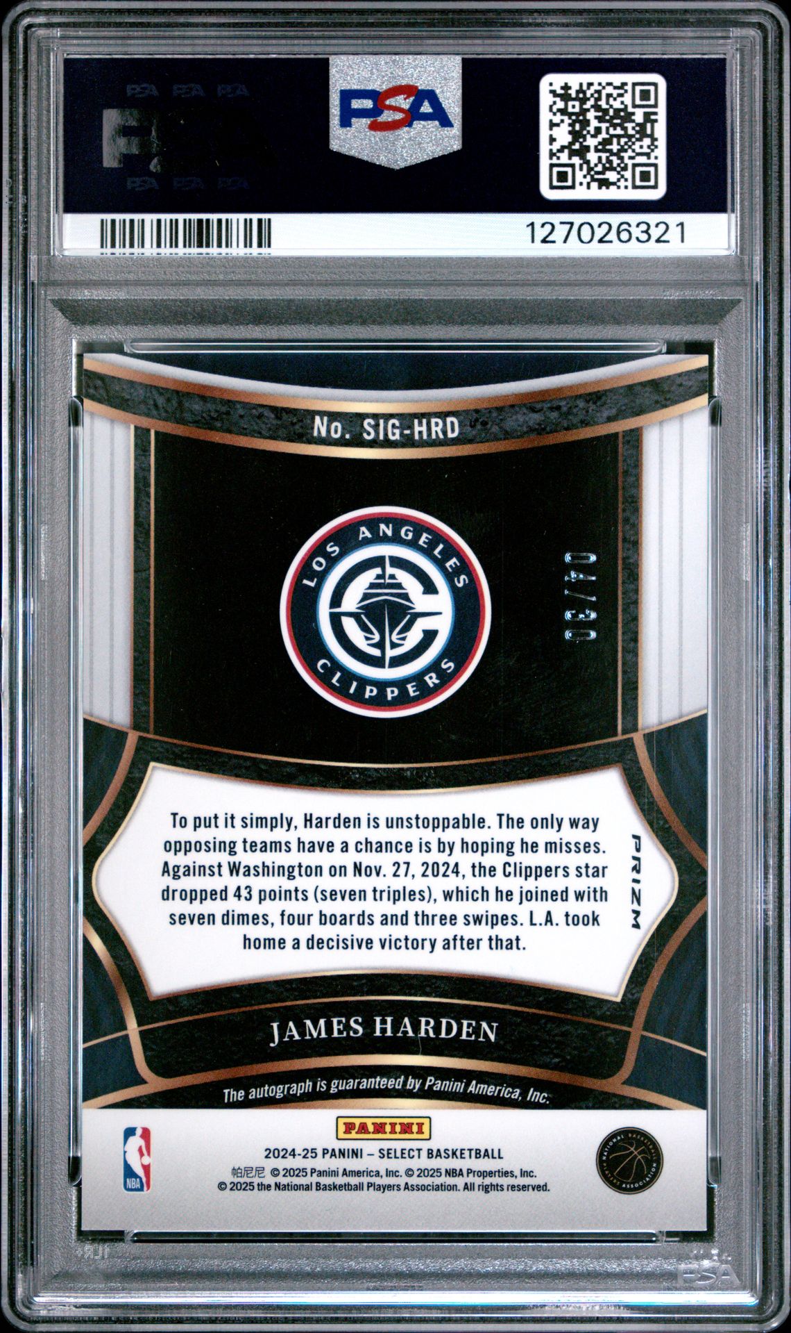 2024 Panini Select Signatures James Harden #Sighrd (Sig-Neon Orange Pulsar Fotl) Gem Mt 10 back