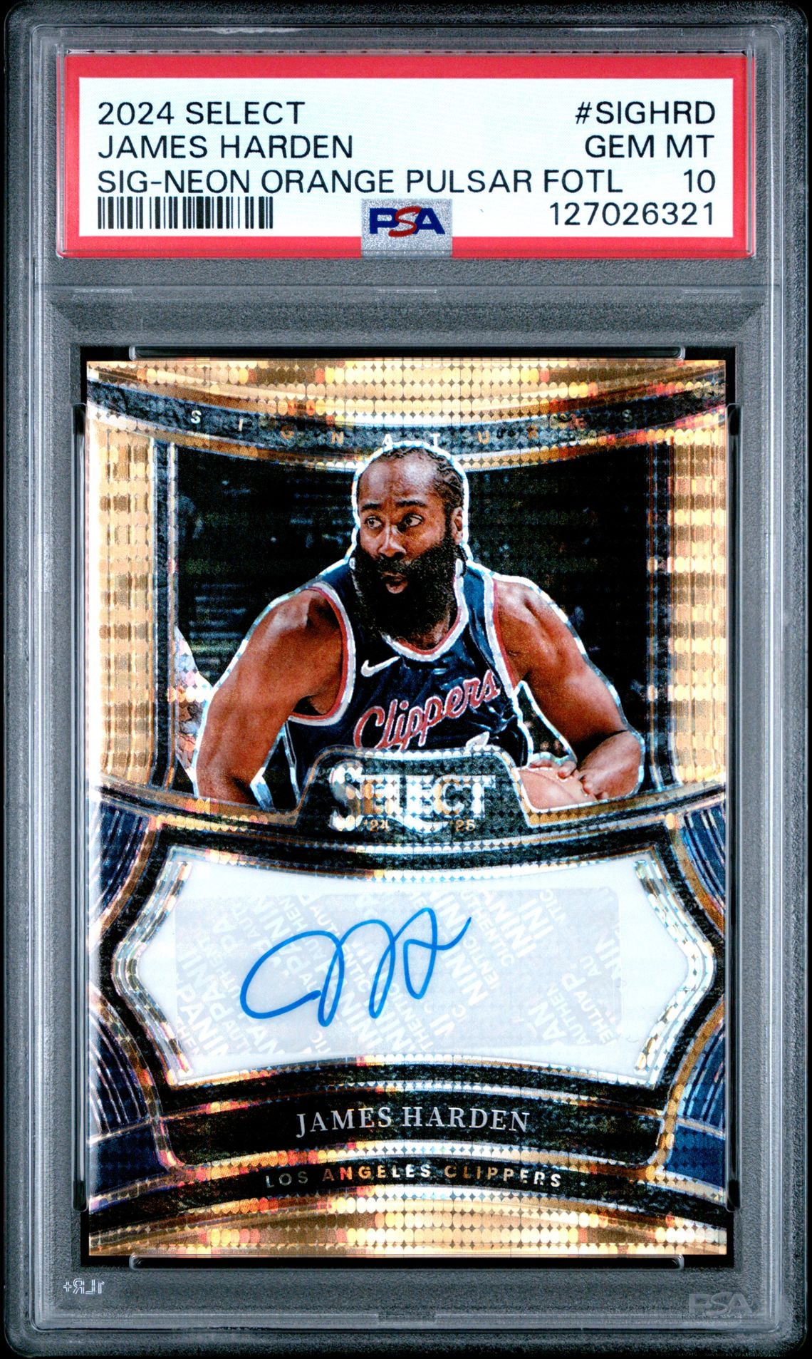 2024 Panini Select Signatures James Harden #Sighrd (Sig-Neon Orange Pulsar Fotl) Gem Mt 10 front